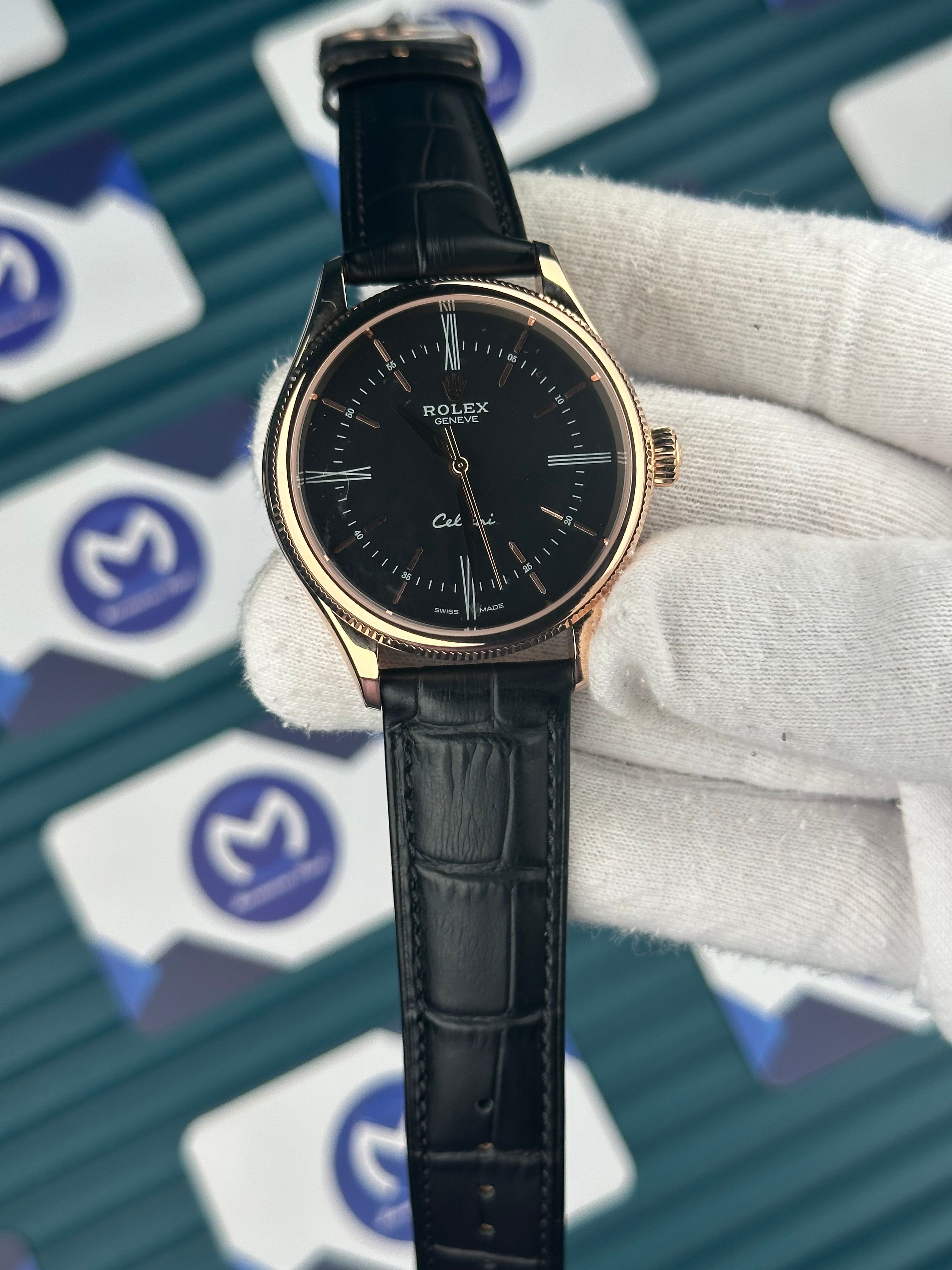 Rolex Cellini Rose Kasa Siyah Deri Kordon