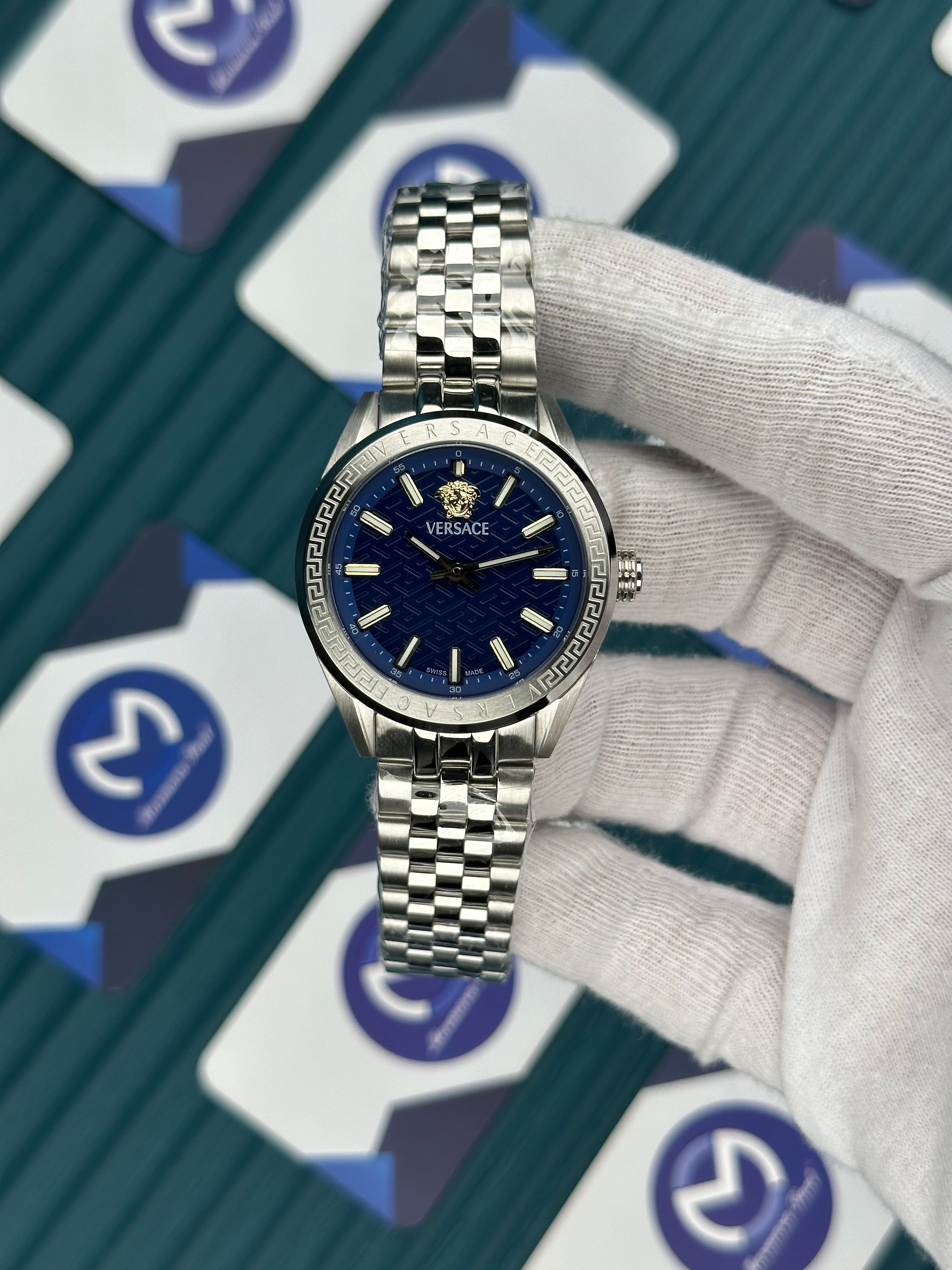VERSACE 36 BLUE DIAL GOLD INDEX SILVER JUBILE