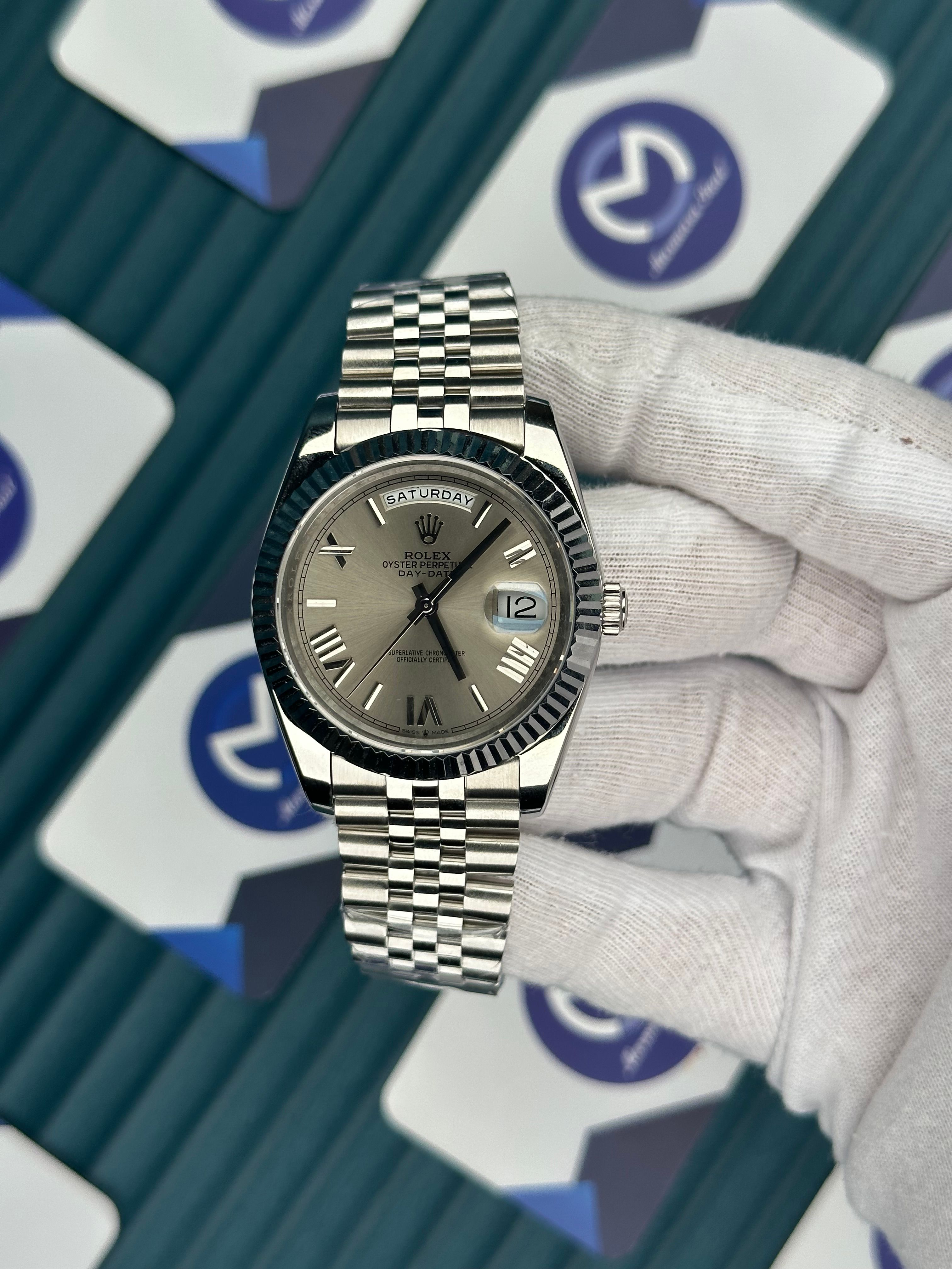 ROLEX DAY-DATE GREY DIAL ROMA INDEX SILVER JUBILE