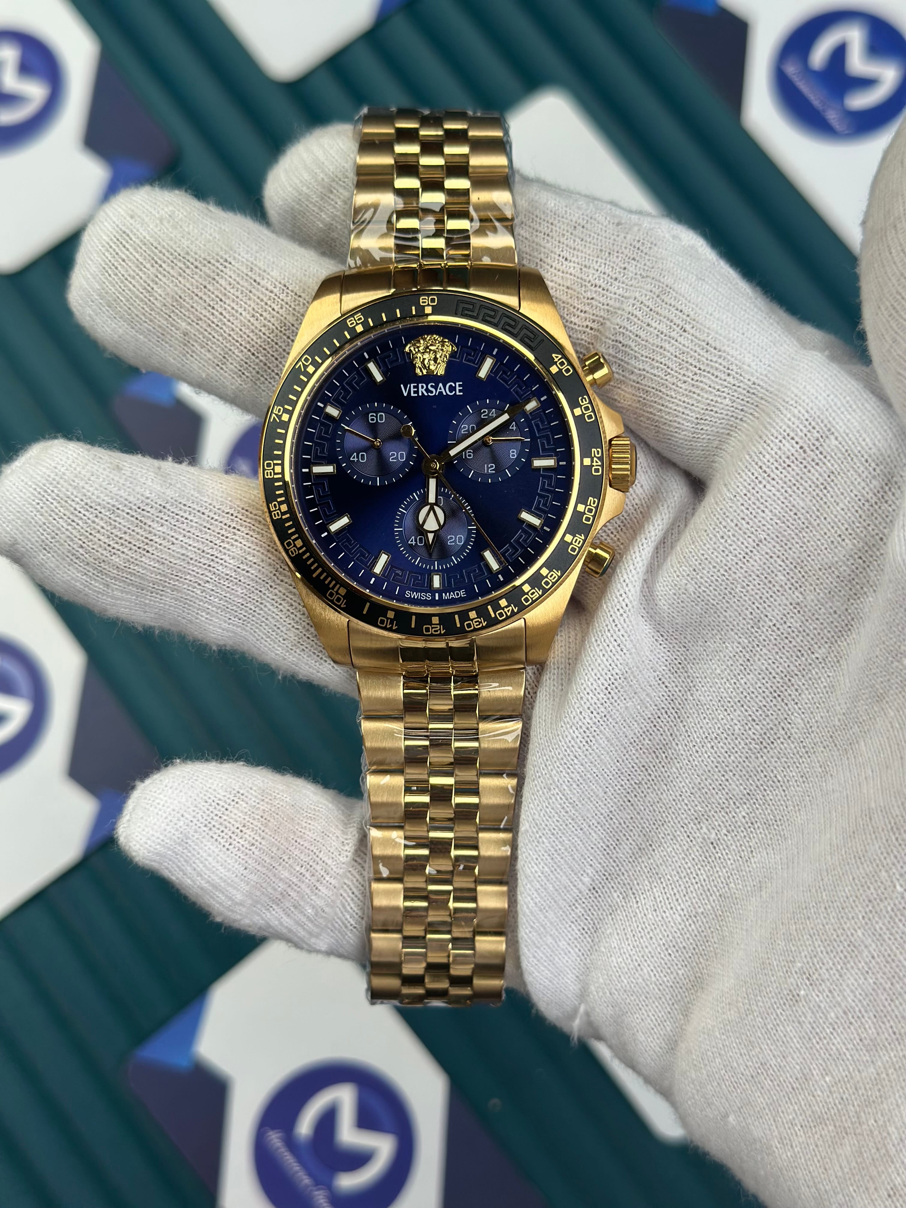VERSACE NEW NAVY BLUE DIAL CHRONOGRAPH GOLD JUBILE