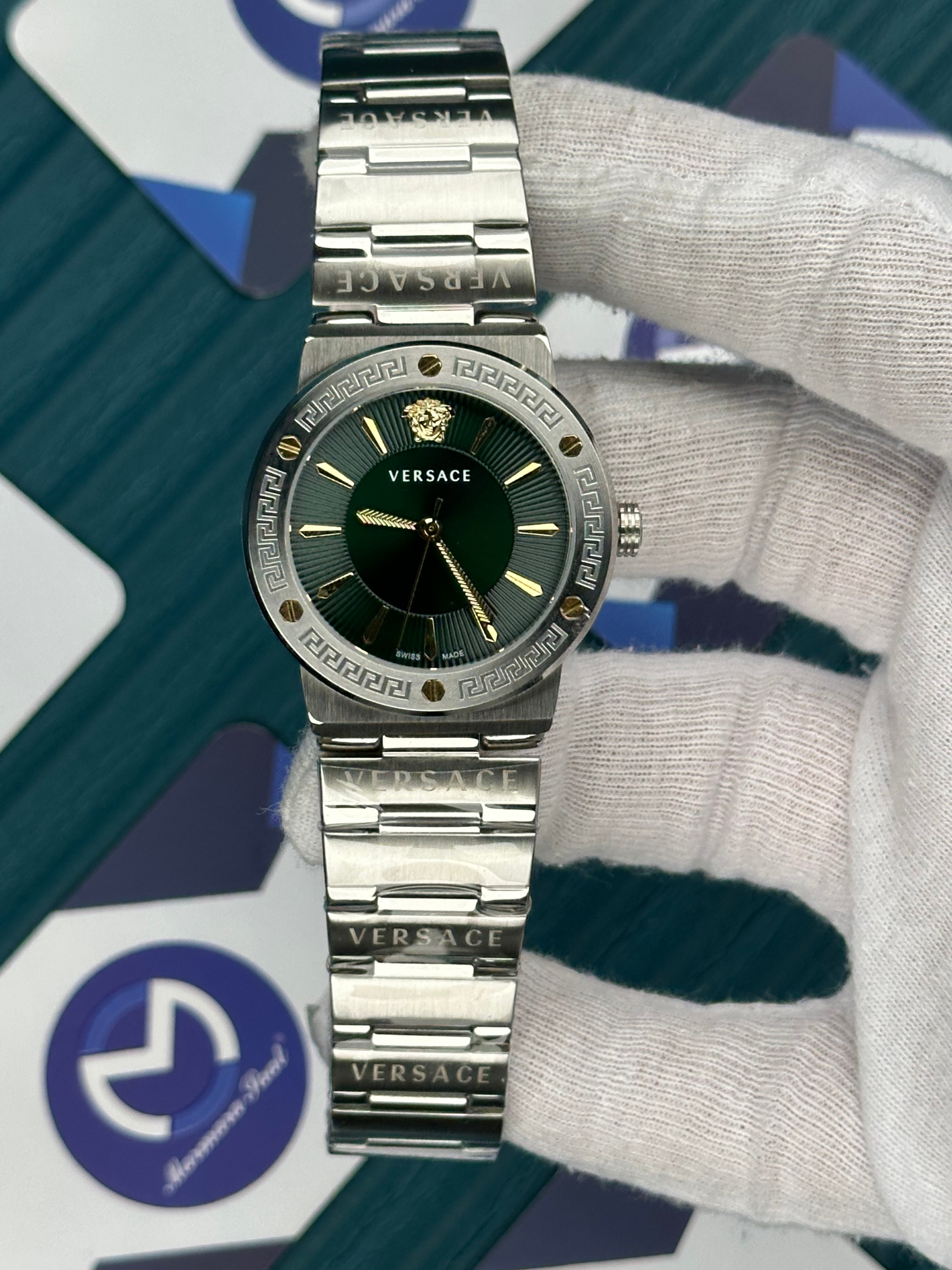 VERSACE 36 GREEN DIAL GOLD DETAILS SILVER