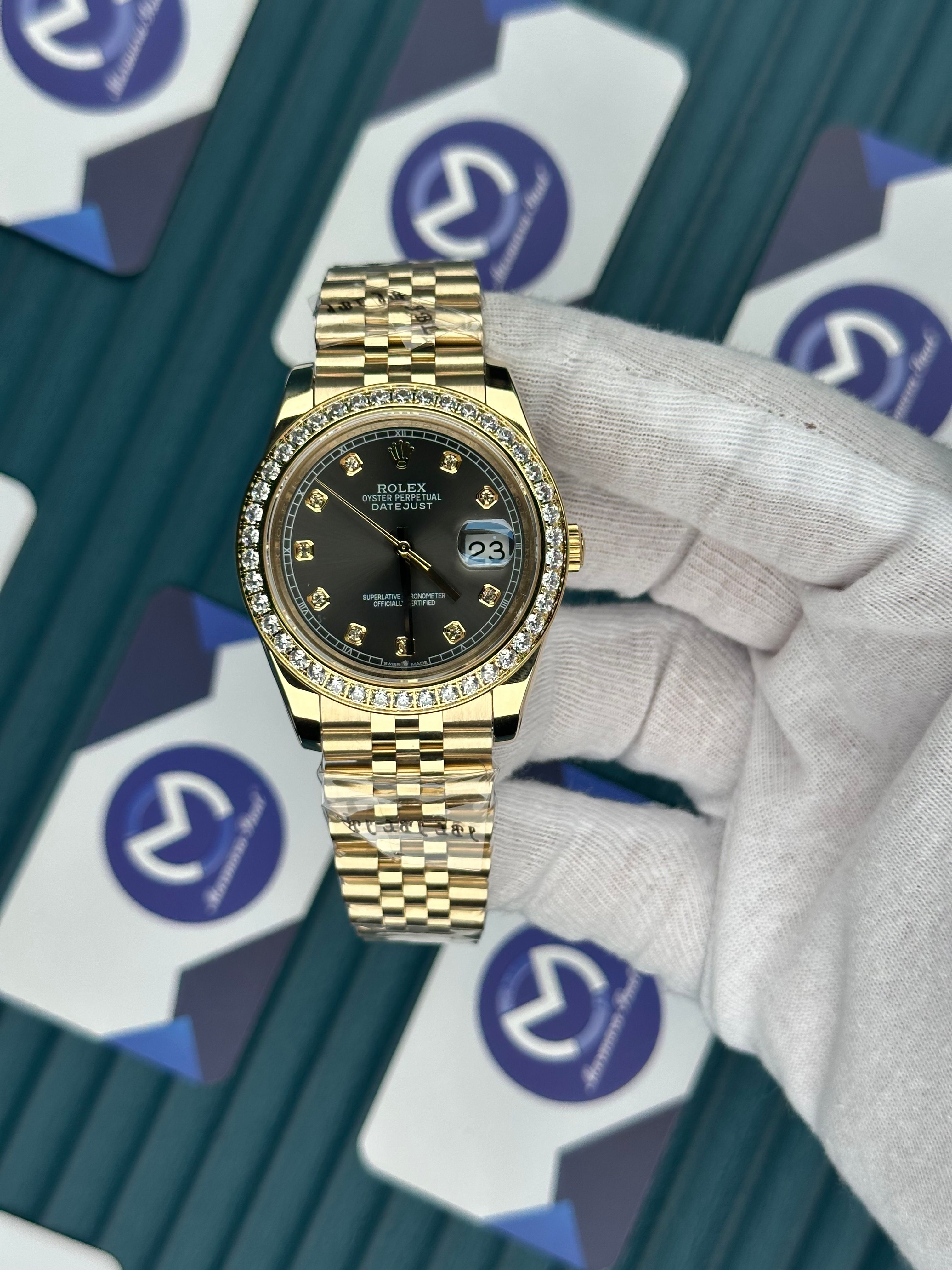 ROLEX DATEJUST GREY DIAL DIAMOND BEZEL GOLD JUBILE