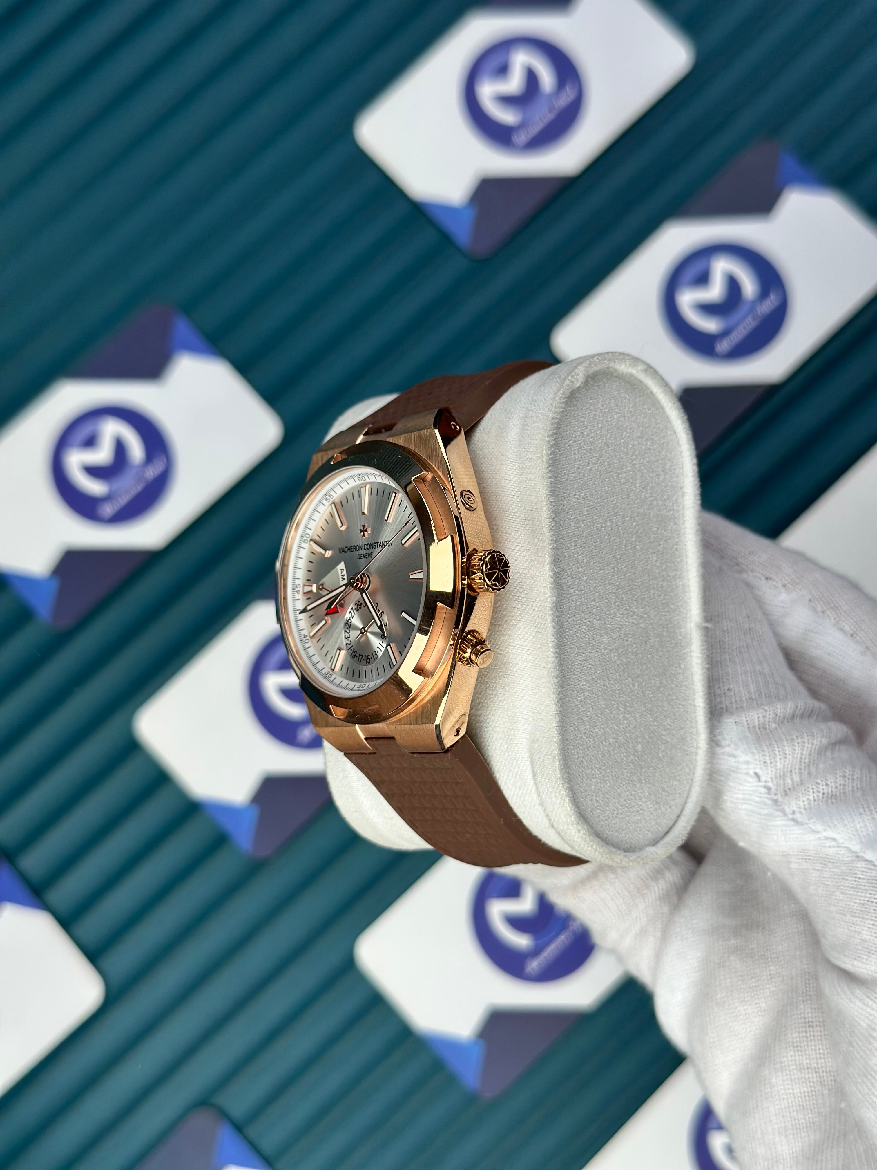 VACHERON CONSTANTIN WHITE DIAL ROSE CASE DUAL TIME OVERSEAS BROWN RUBBER