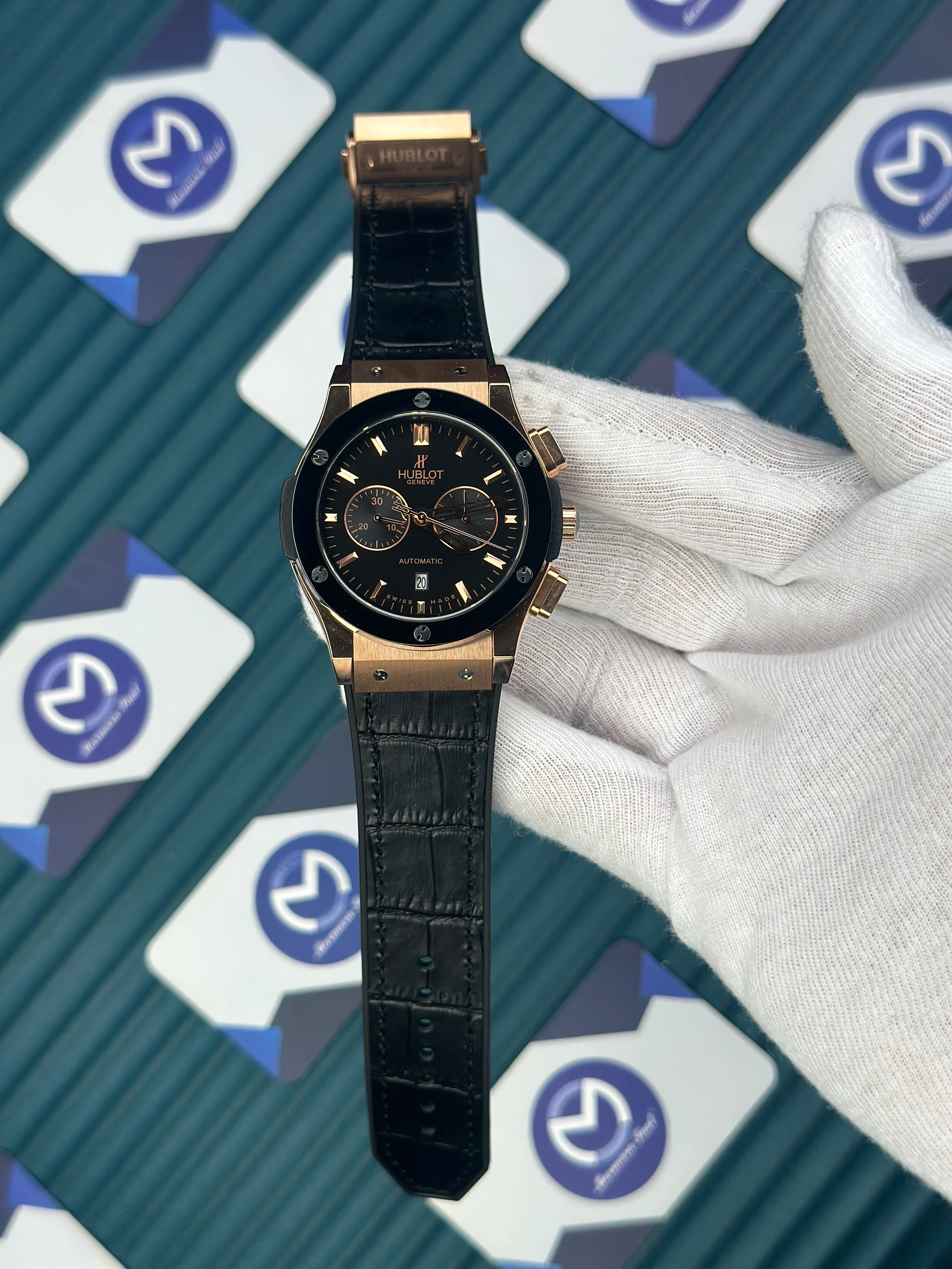 HUBLOT AUTOMATIC CLASSIC FUSHION VENDOME BLACK DIAL ROSE-BLACK CASE BLACK LEATHER CORD