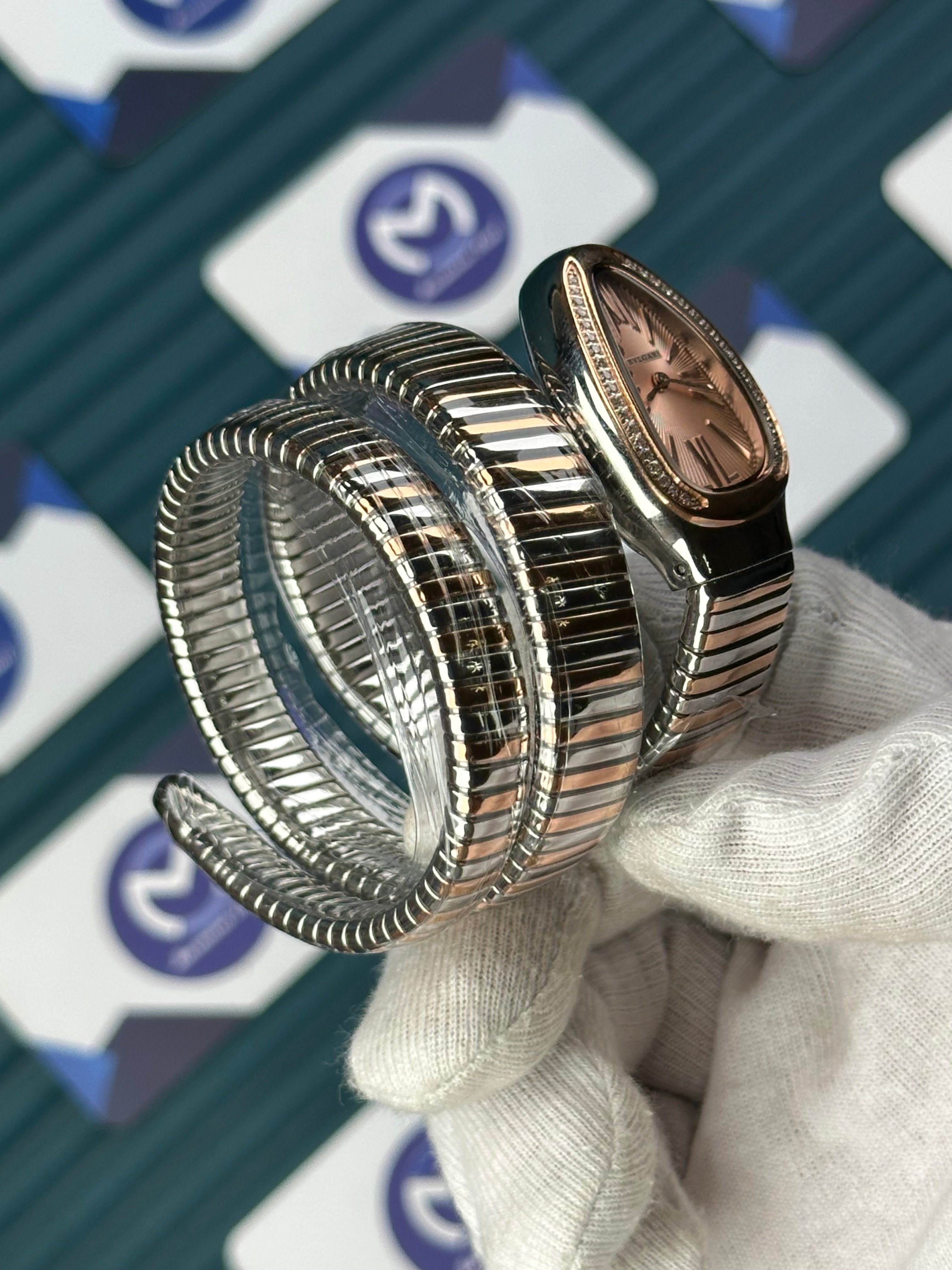 BVLGARI SERPENTI CHAMPAGNE DIAL DIAMOND BEZEL ROSE-SILVER LONG TUBOGAS