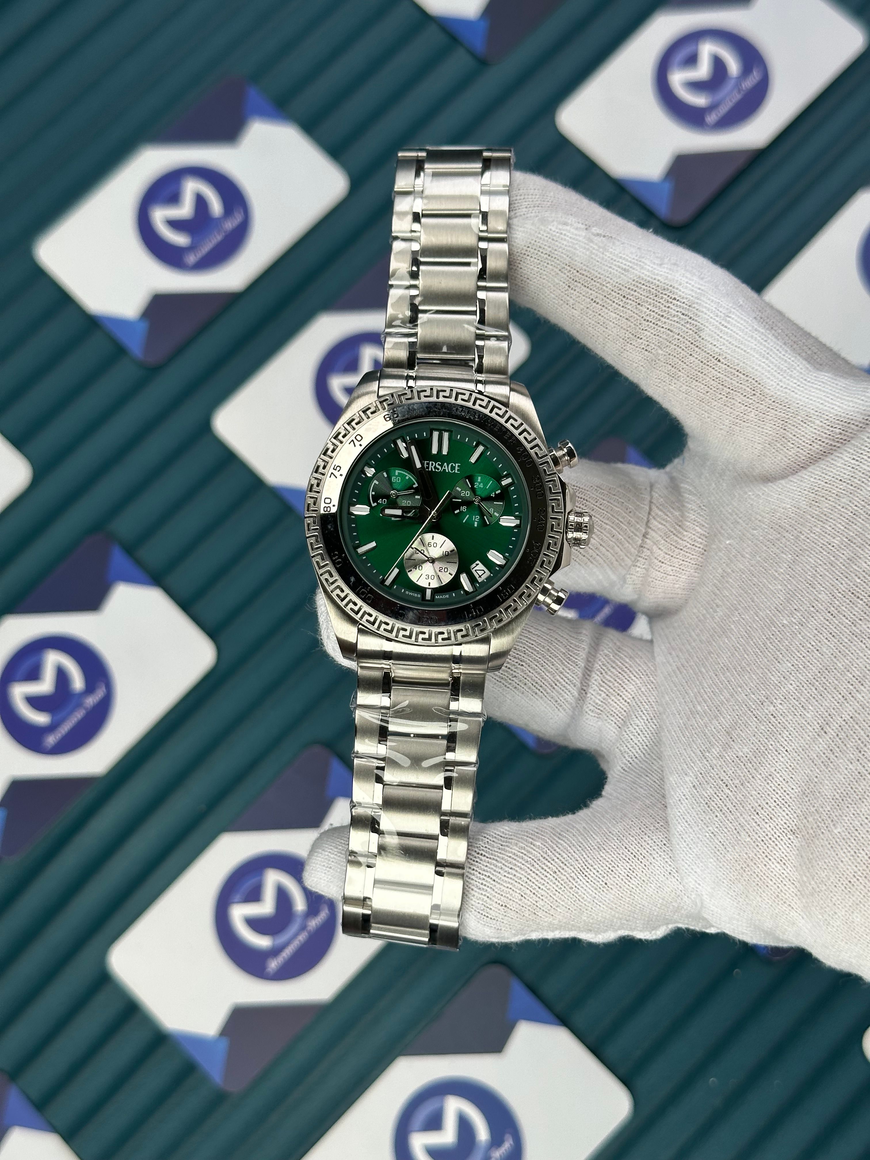 VERSACE GREEN DIAL CHRONOMOETER SILVER BEZEL AND CORD NEW SEASON
