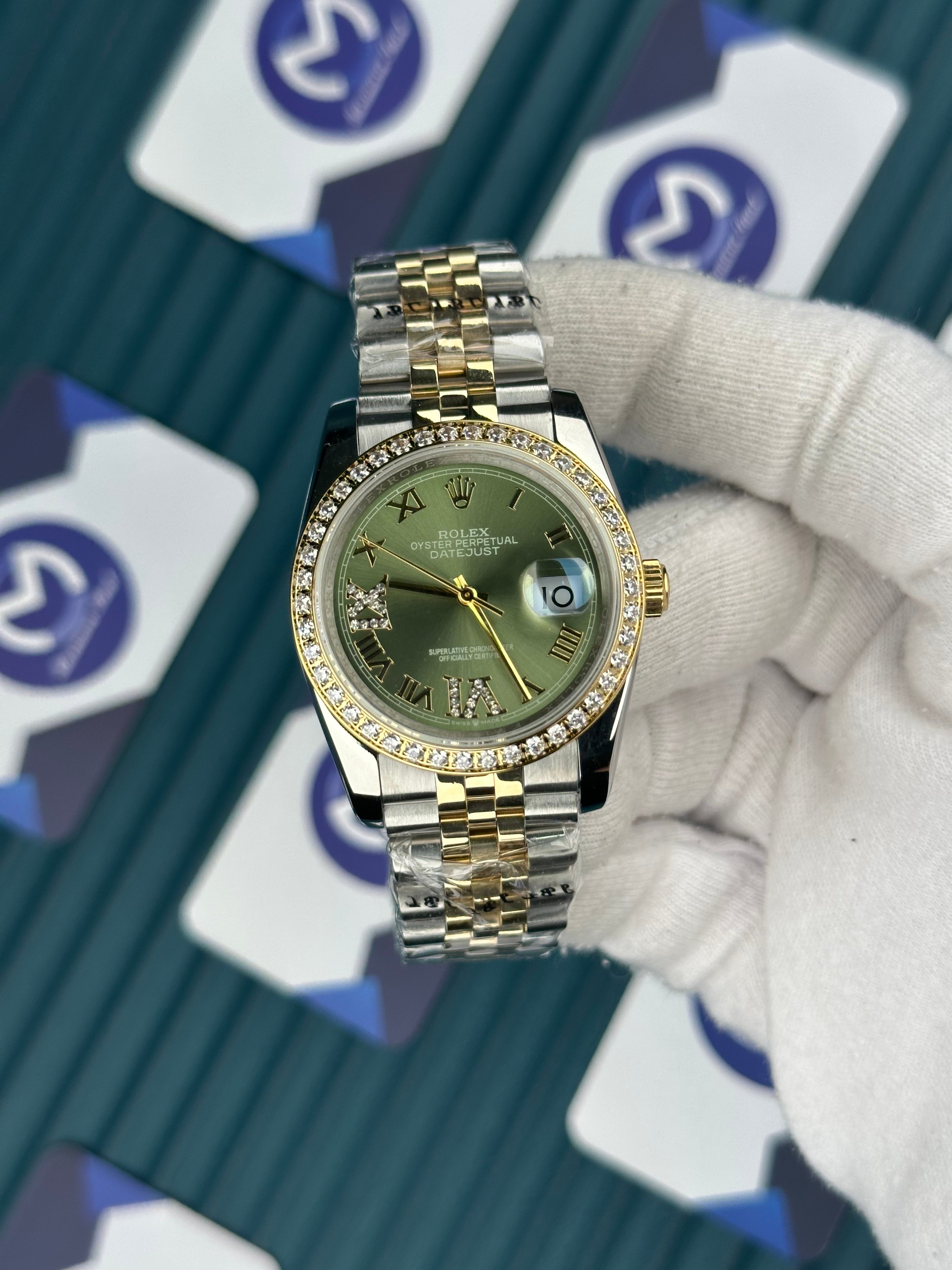 ROLEX 36 YEŞİL KADRAN PIRLANTA BEZEL GOLD-SILVER