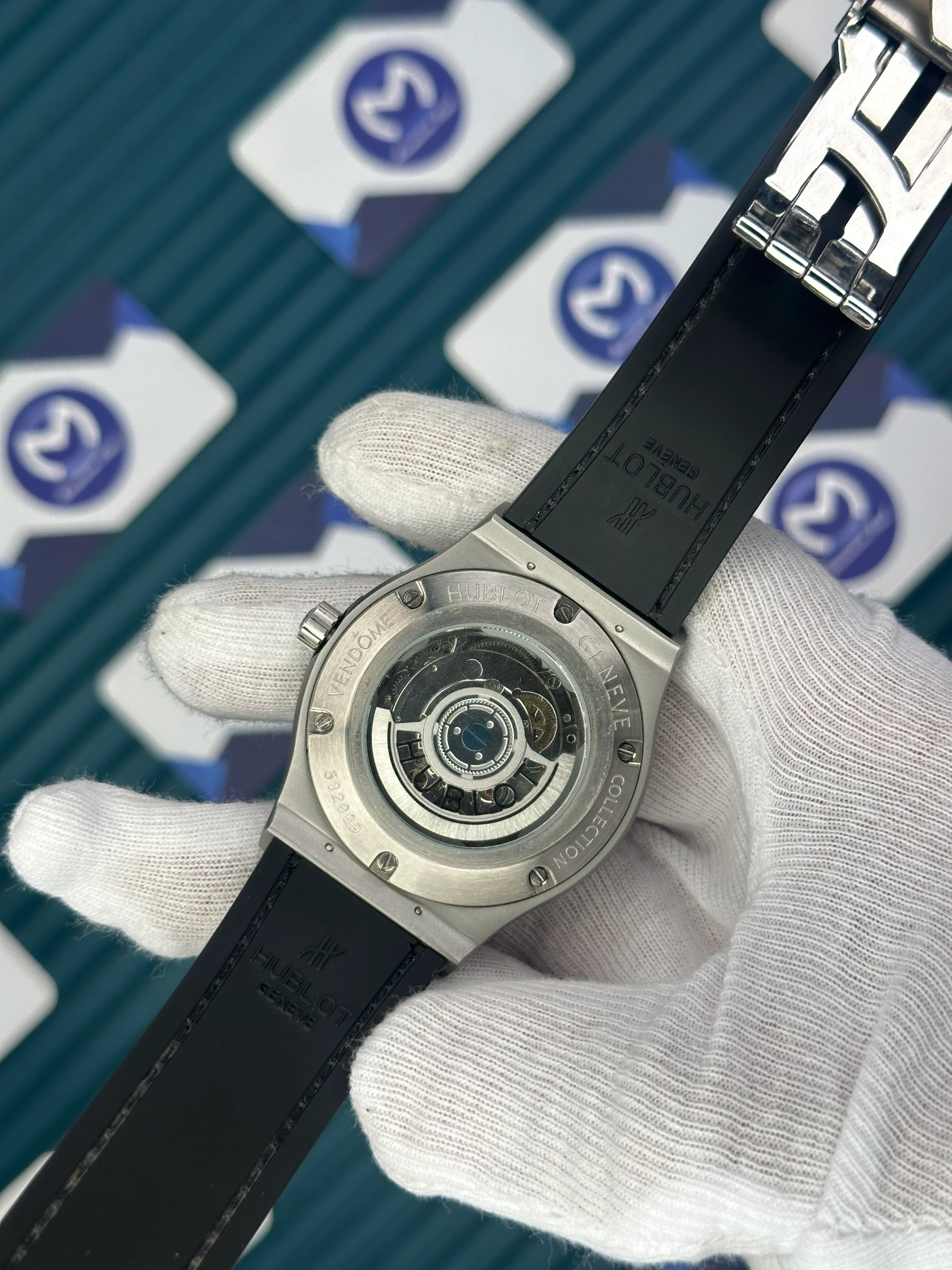 HUBLOT GENEVE AUTOMATIC BLACK DIAL GREY CASE BLACK LEATHER CORD 