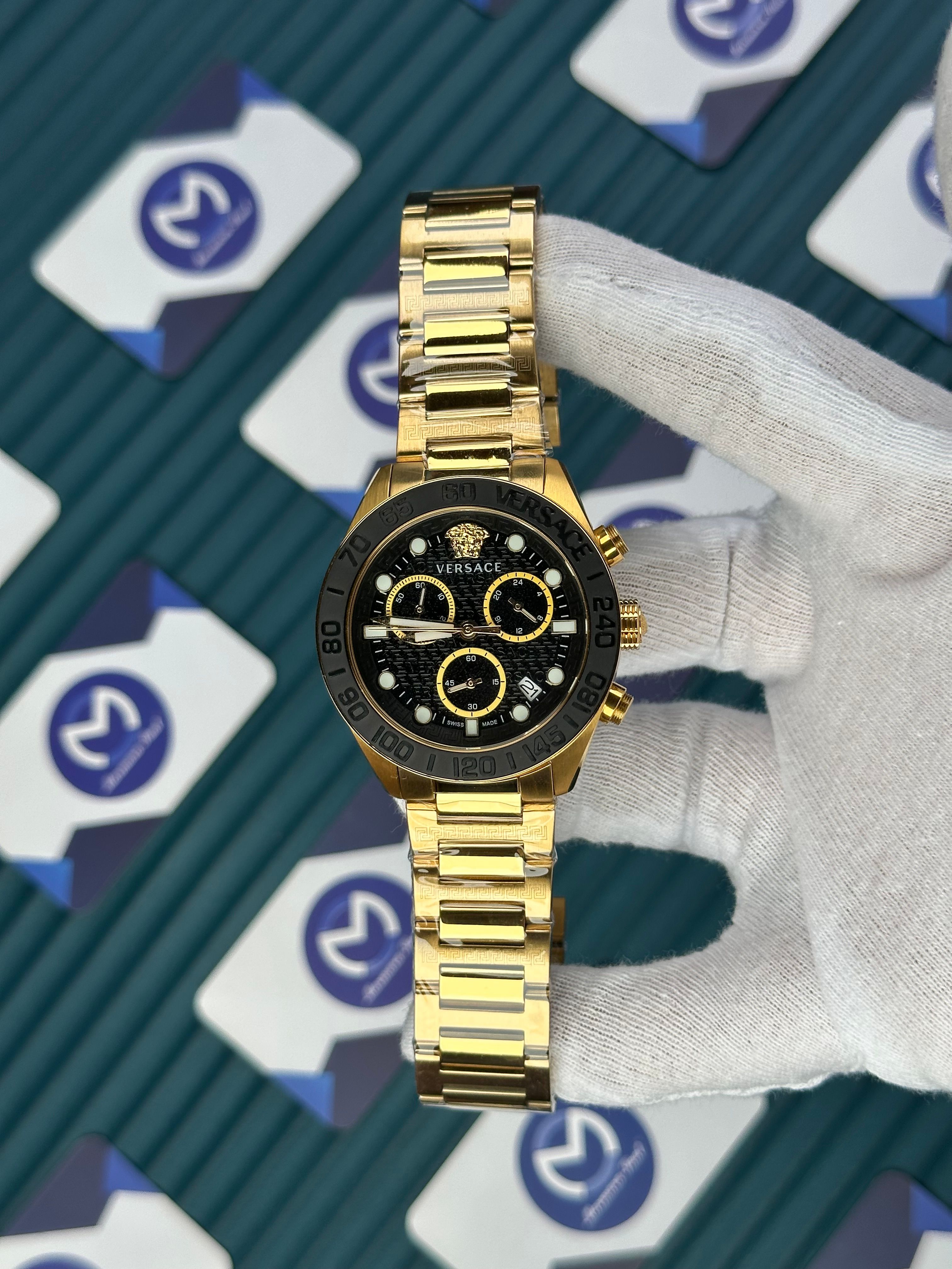 VERSACE BLACK DIAL CHRONOMOMETER NEW SEASON GOLD 