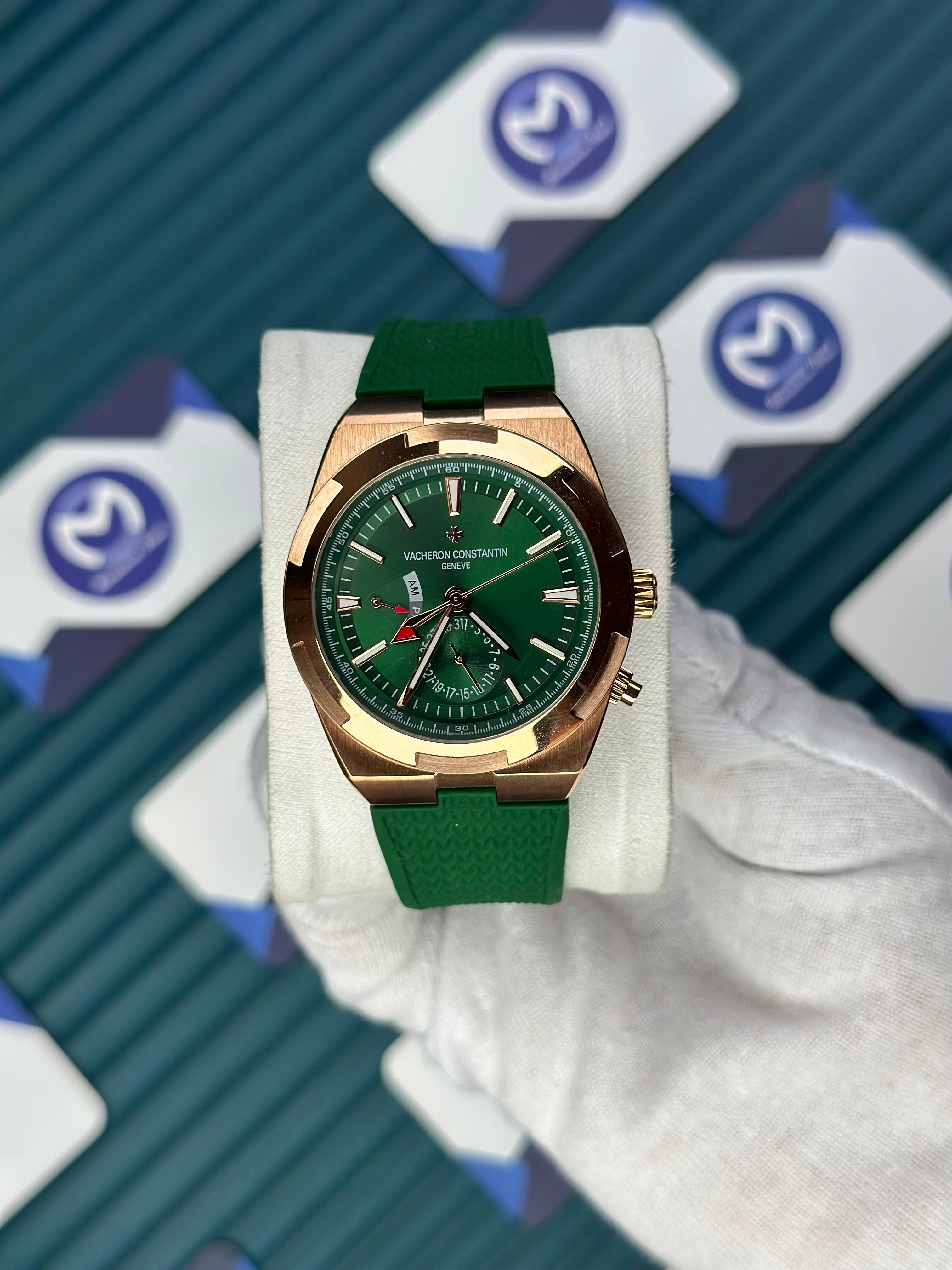 VACHERON CONSTANTIN GREEN DIAL ROSE CASE DUAL TIME OVERSEAS GREEN RUBBER