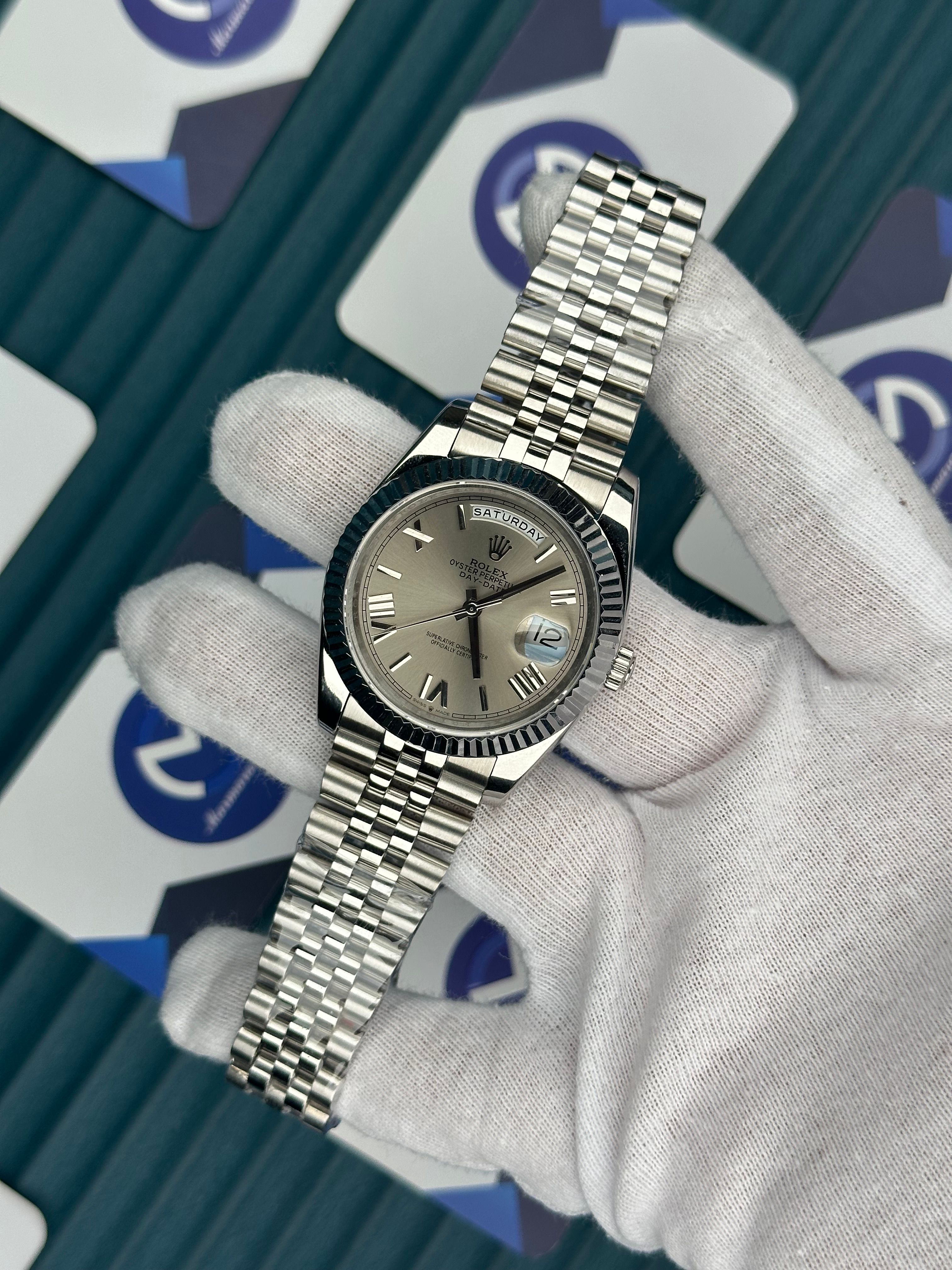 ROLEX DAY-DATE GREY DIAL ROMA INDEX SILVER JUBILE