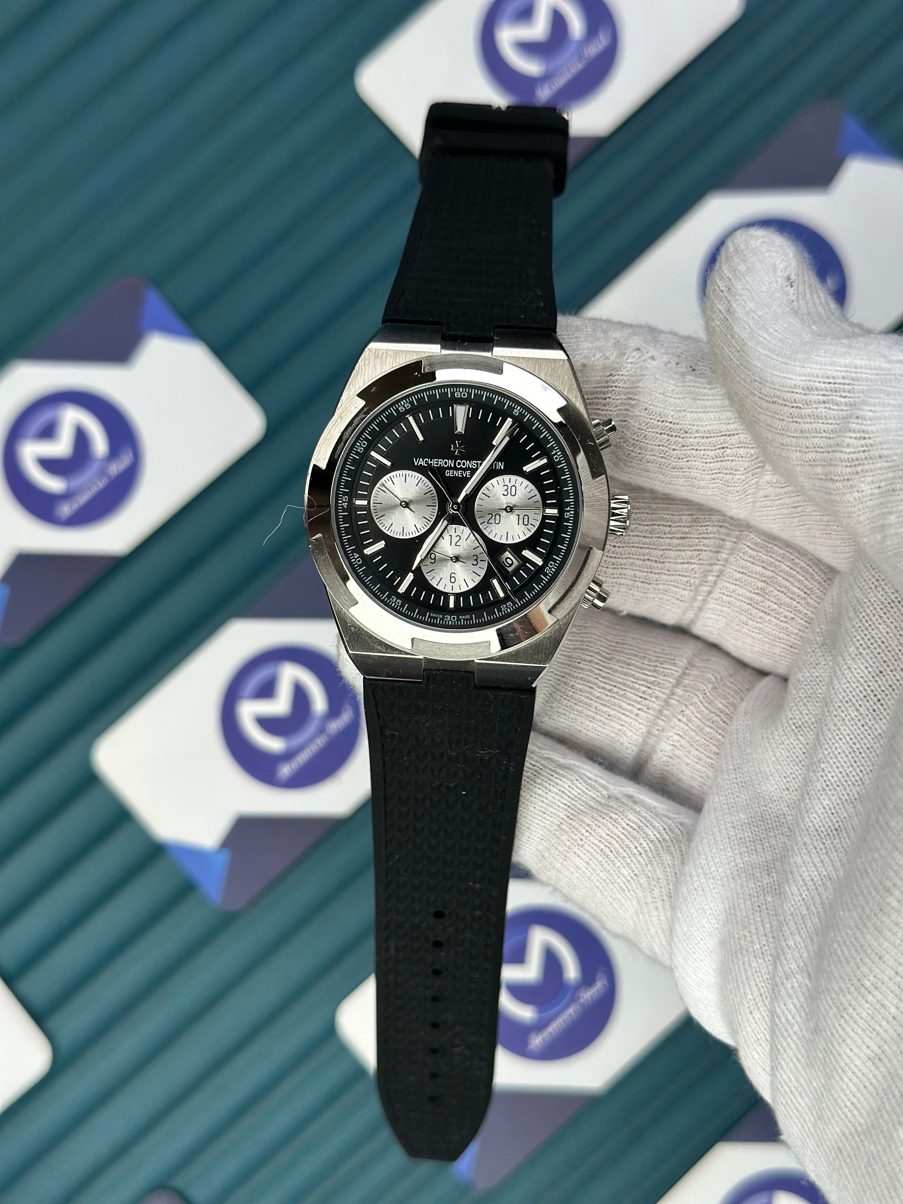 VACHERON CONSTANTIN BLACK DIAL SILVER CASE CHRONOGRAP BLACK RUBBER