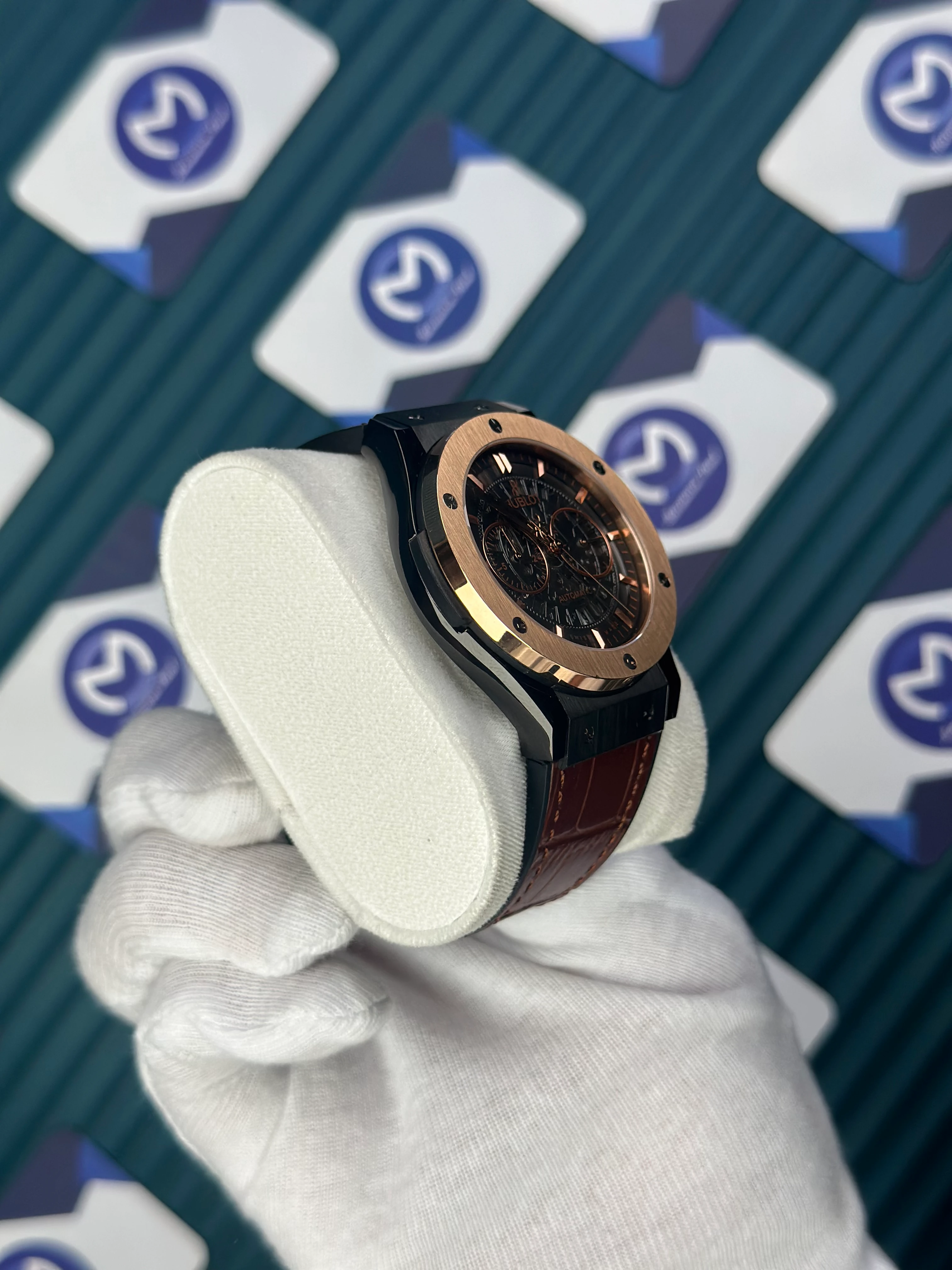 HUBLOT AUTOMATIC SKELETON DIAL ROSE BEZEL BLACK CASE BROWN LEATHER CORD 