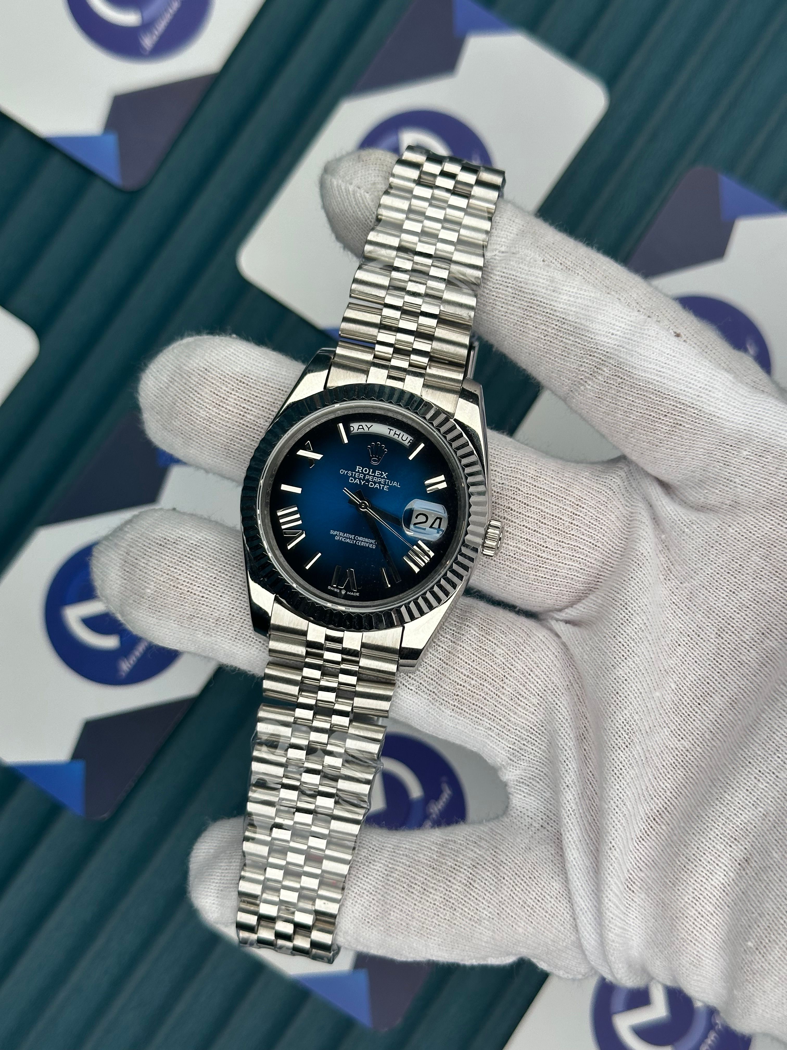 ROLEX DAY-DATE BLUE DIAL ROMA INDEX SILVER JUBILE