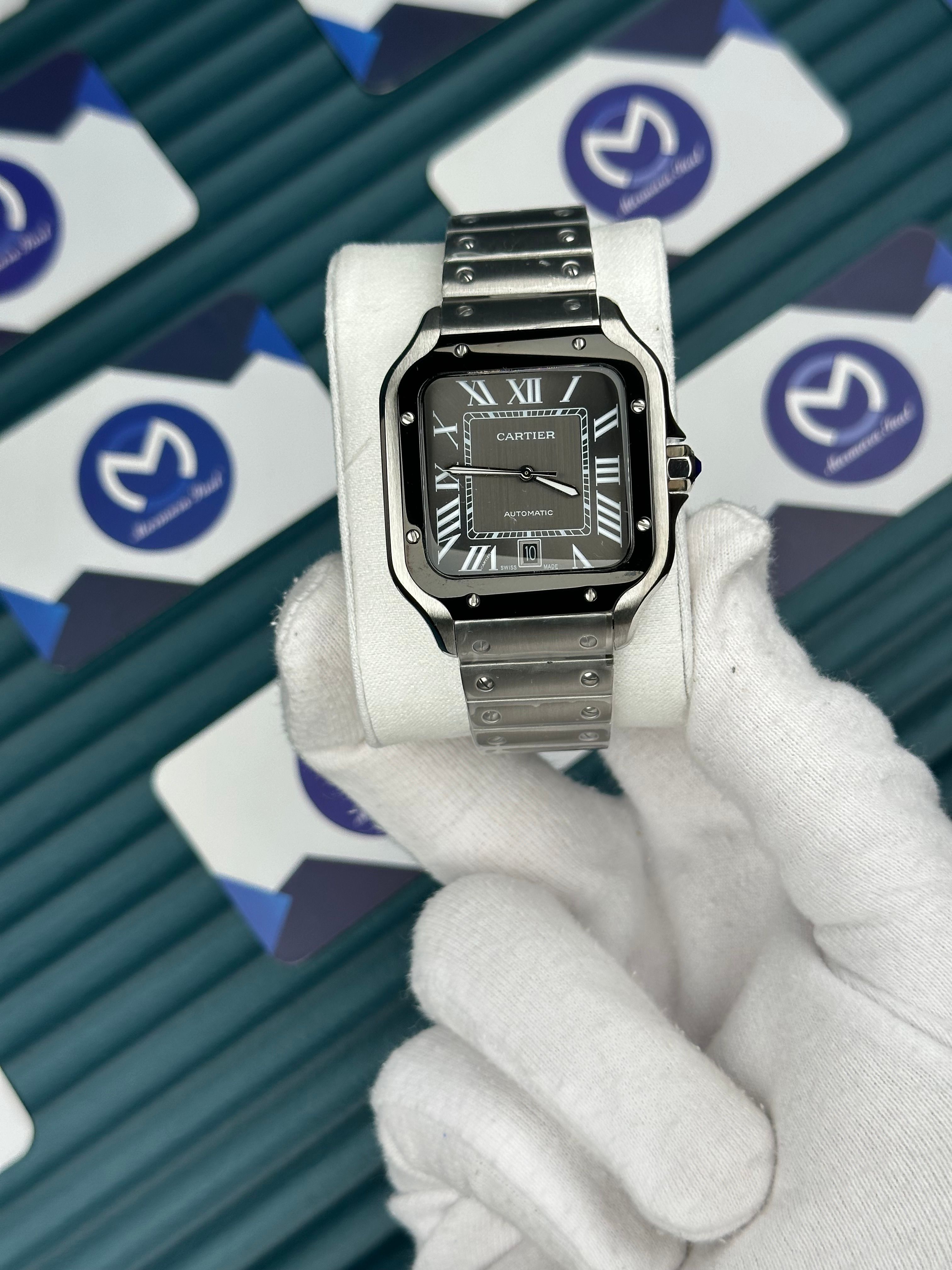 Cartier Santos Gümüş Bilezik Gri Kadran