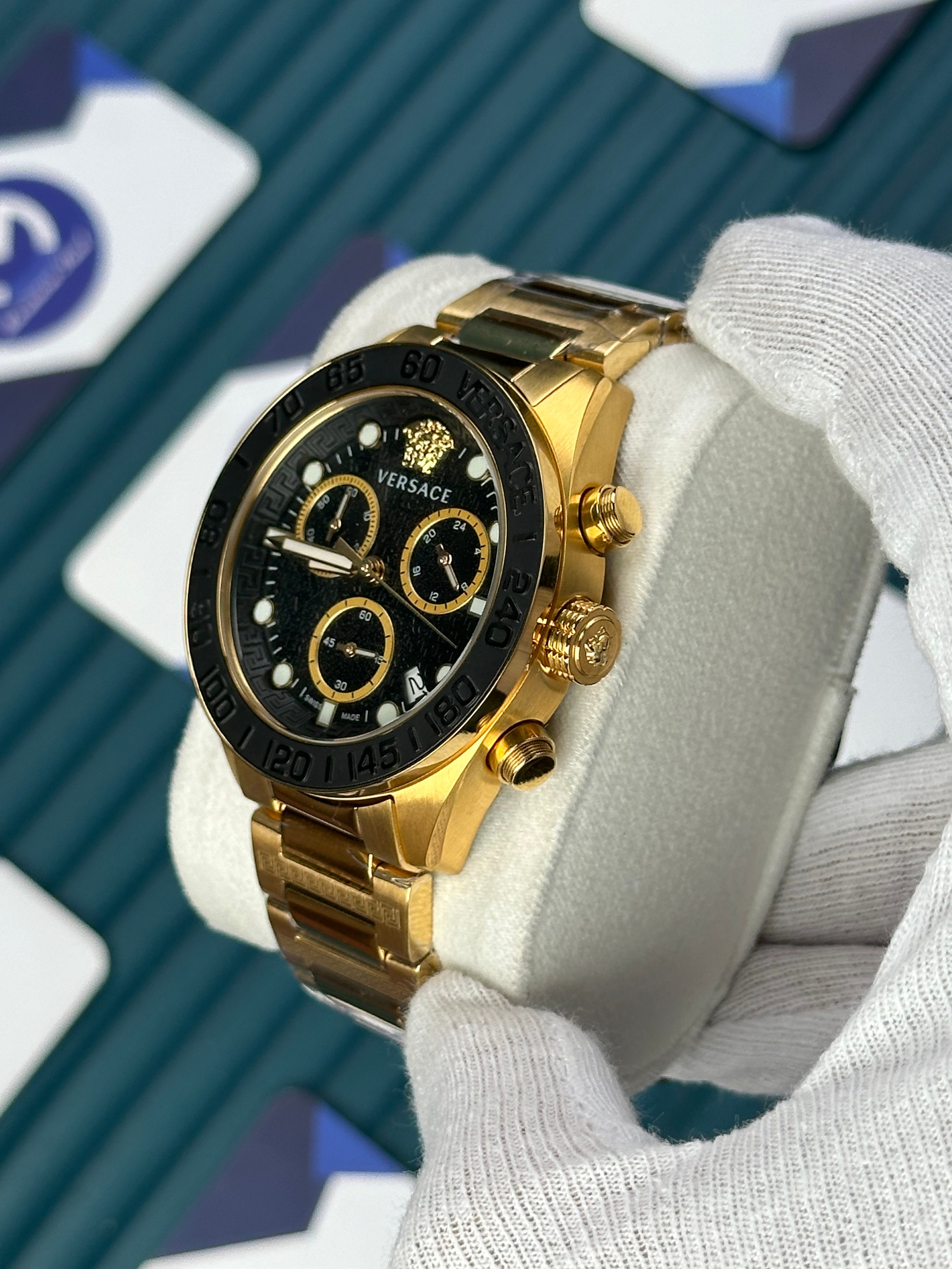 VERSACE BLACK DIAL CHRONOMOMETER NEW SEASON GOLD 