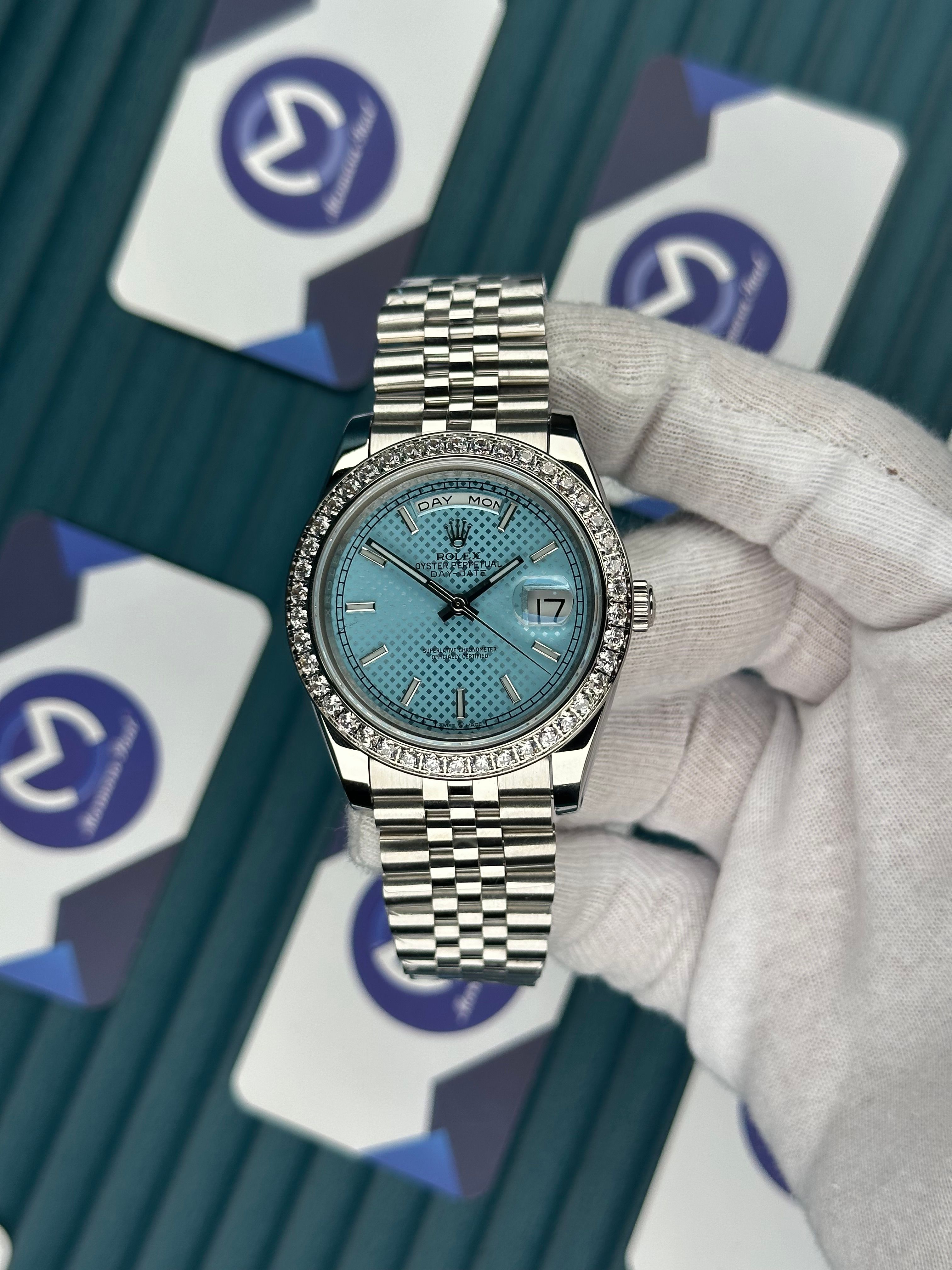 ROLEX DAY-DATE TIFFANY MOZAIK DIAL DIAMOND BEZEL SILVER JUBILE