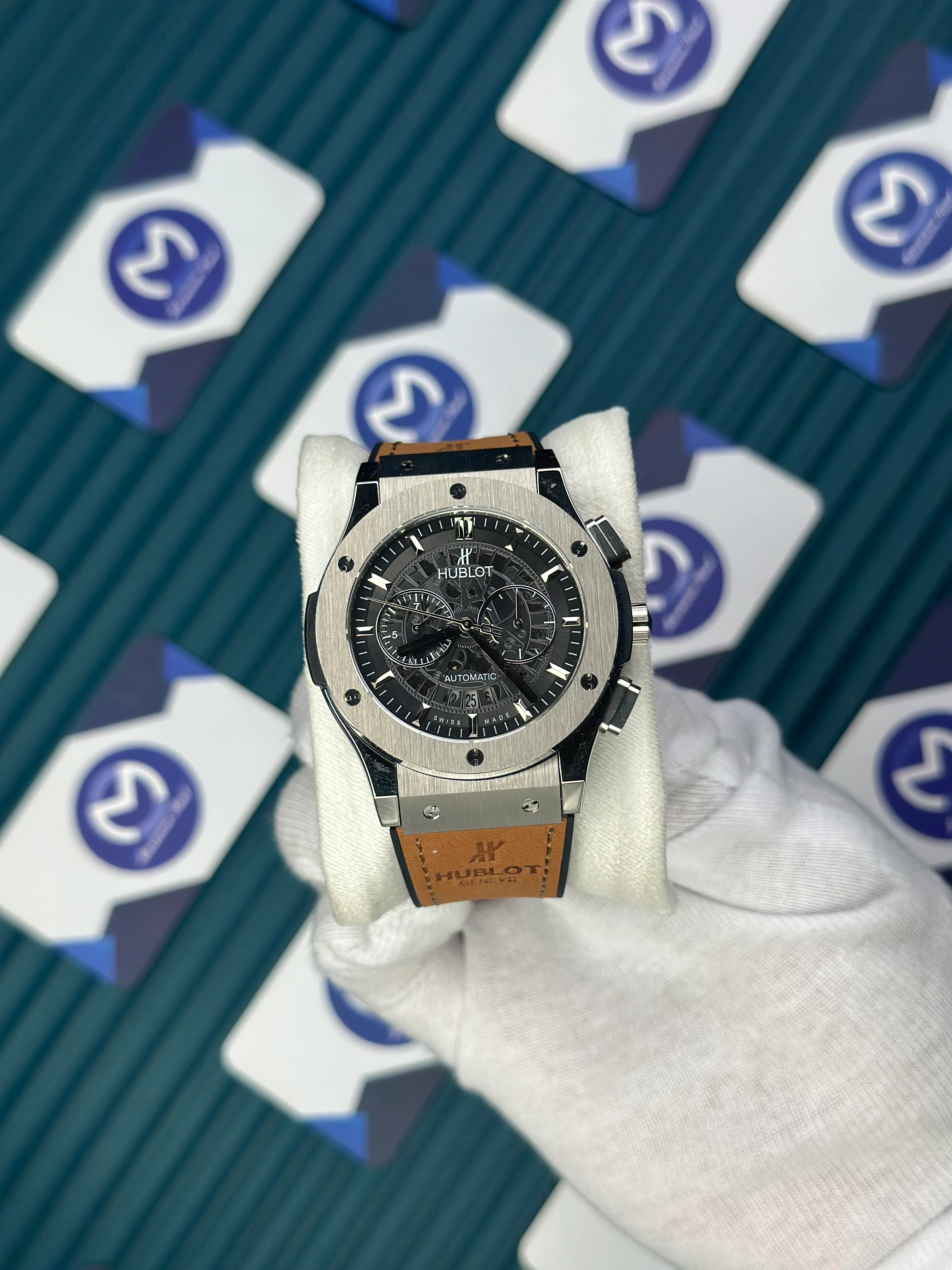 HUBLOT AUTOMATIC FUSHION VENDOME BLACK SKELETON DIAL SILVER CASE BROWN LEATHER CORD 