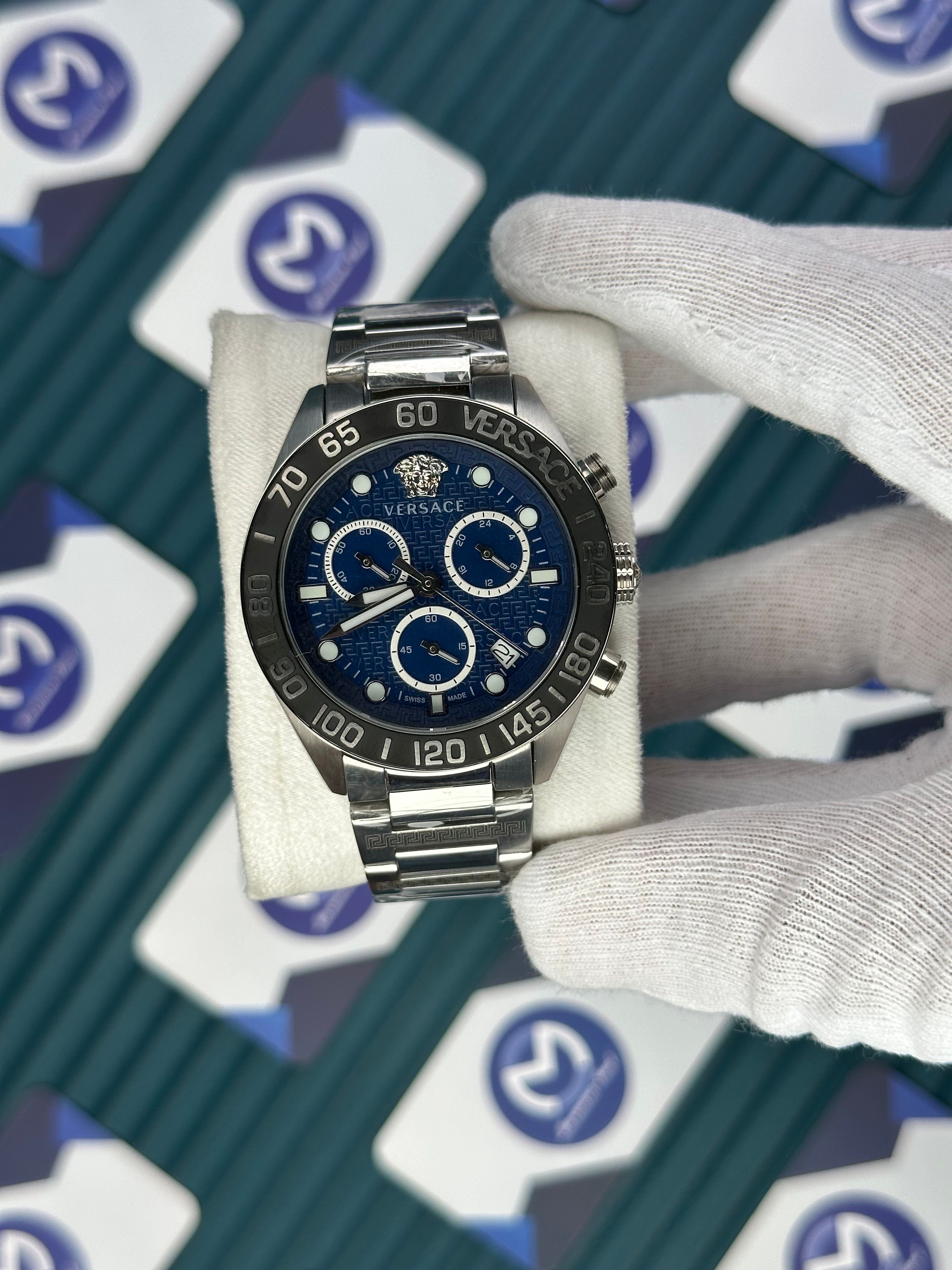 VERSACE BLUE DIAL CHRONOMOMETER NEW SEASON SILVER 