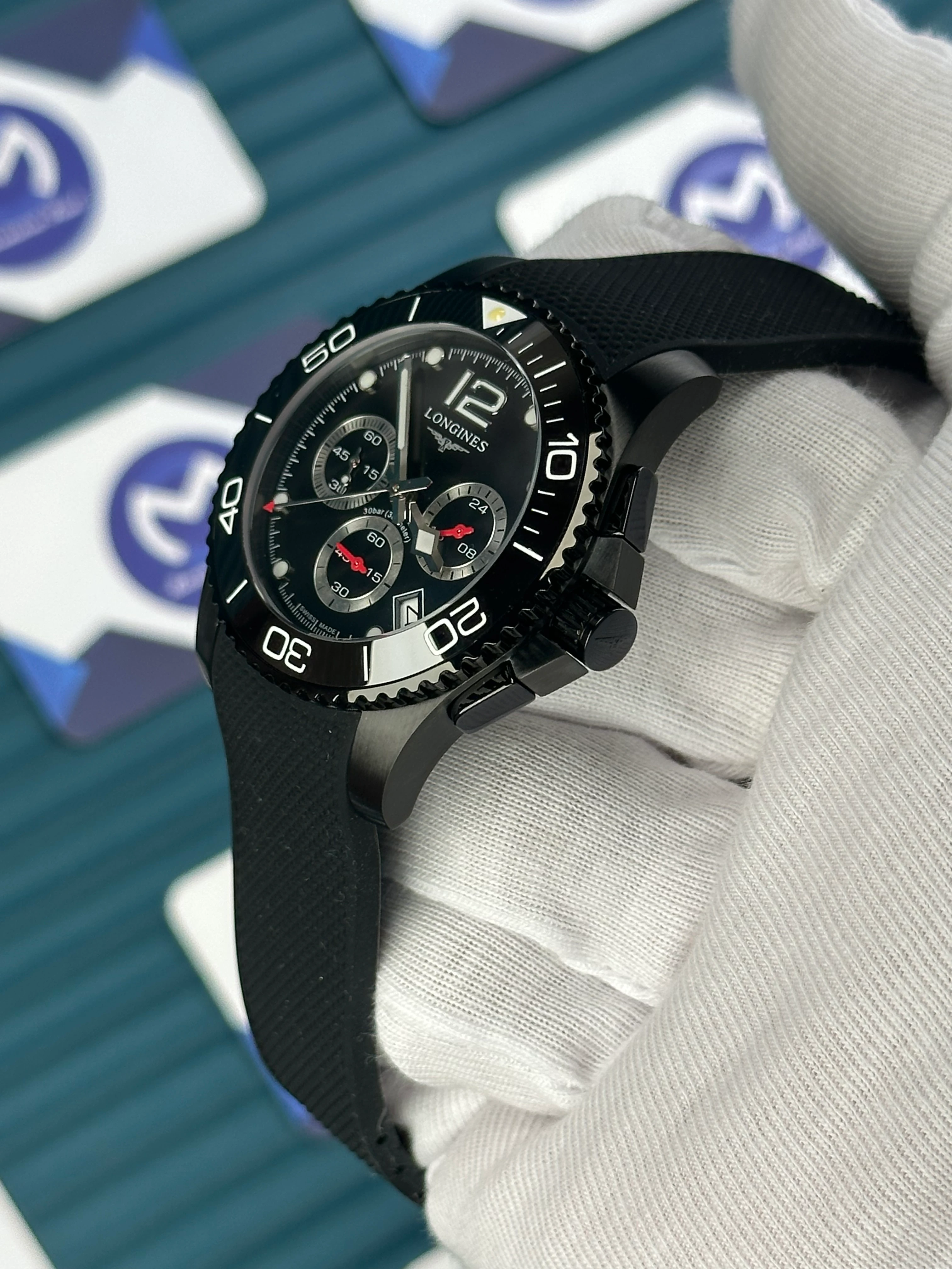 LONGINES HYDROCONQUEST AUTOMATIC BLACK DIAL CHRONOGRAPH BLACK RUBBER 