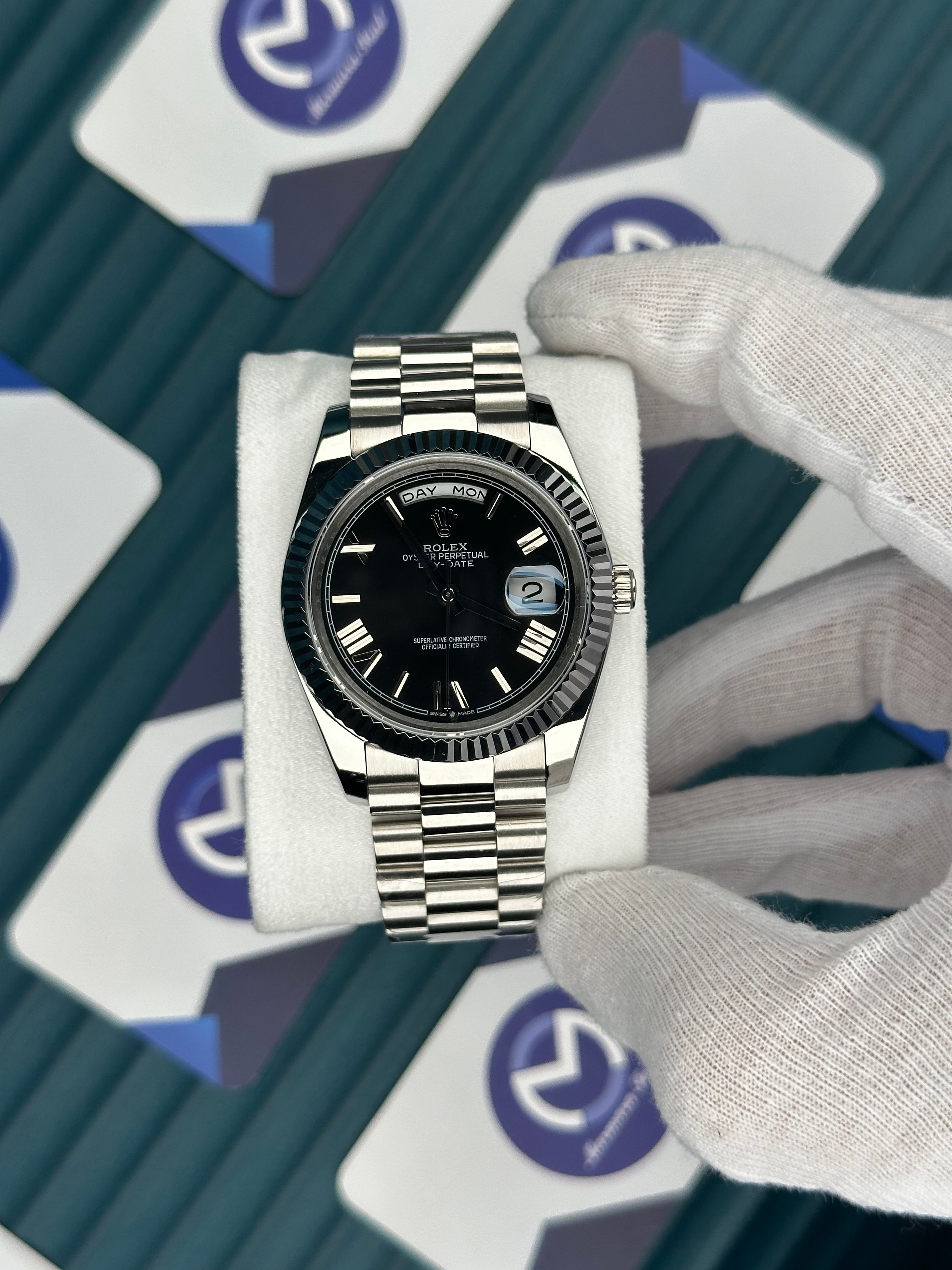 ROLEX DAY-DATE BLACK DIAL ROMA INDEX SILVER PRESIDENT