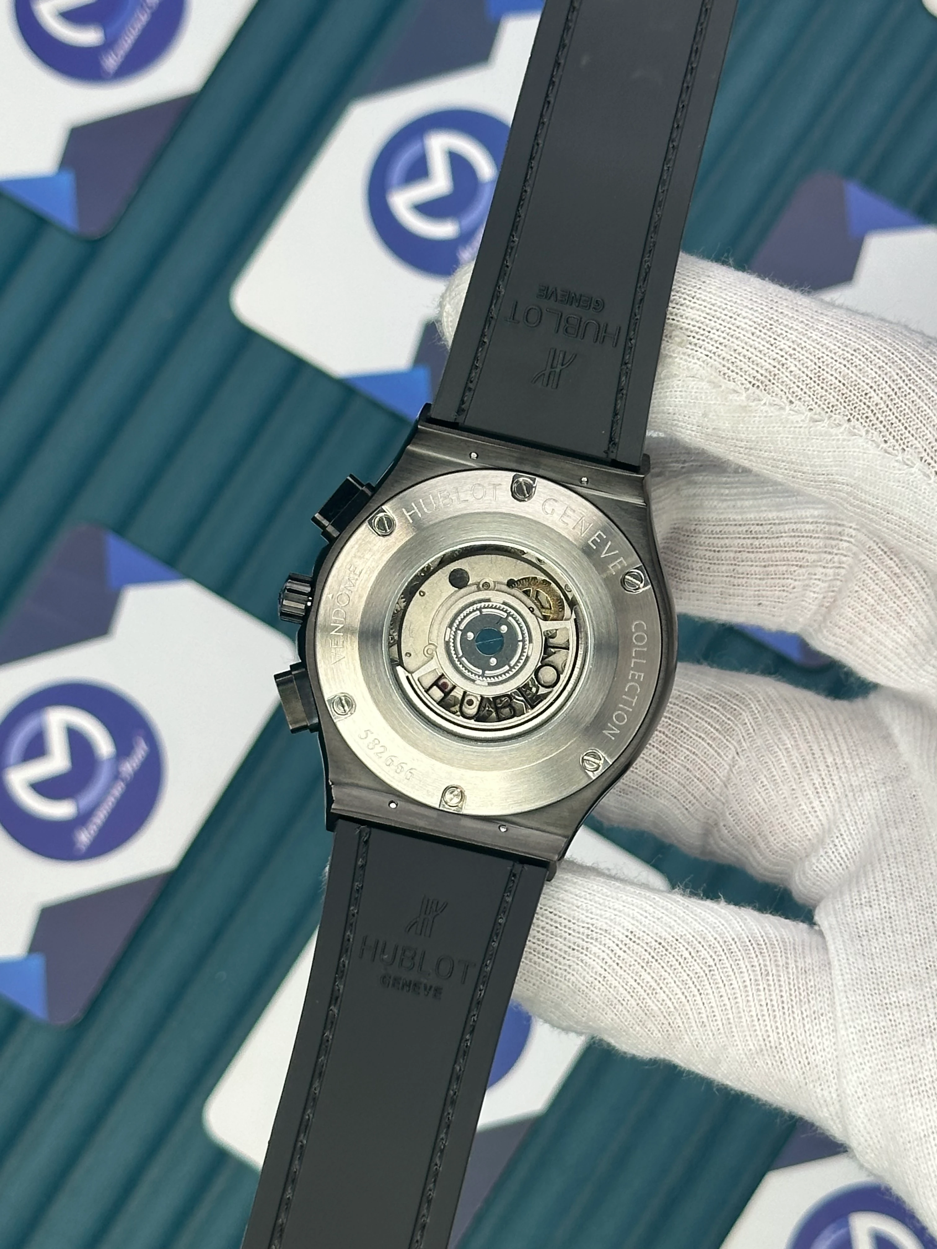 HUBLOT AUTOMATIC BLACK EDITION SILVER CASE SKELETON LEATHER BLACK CORD 