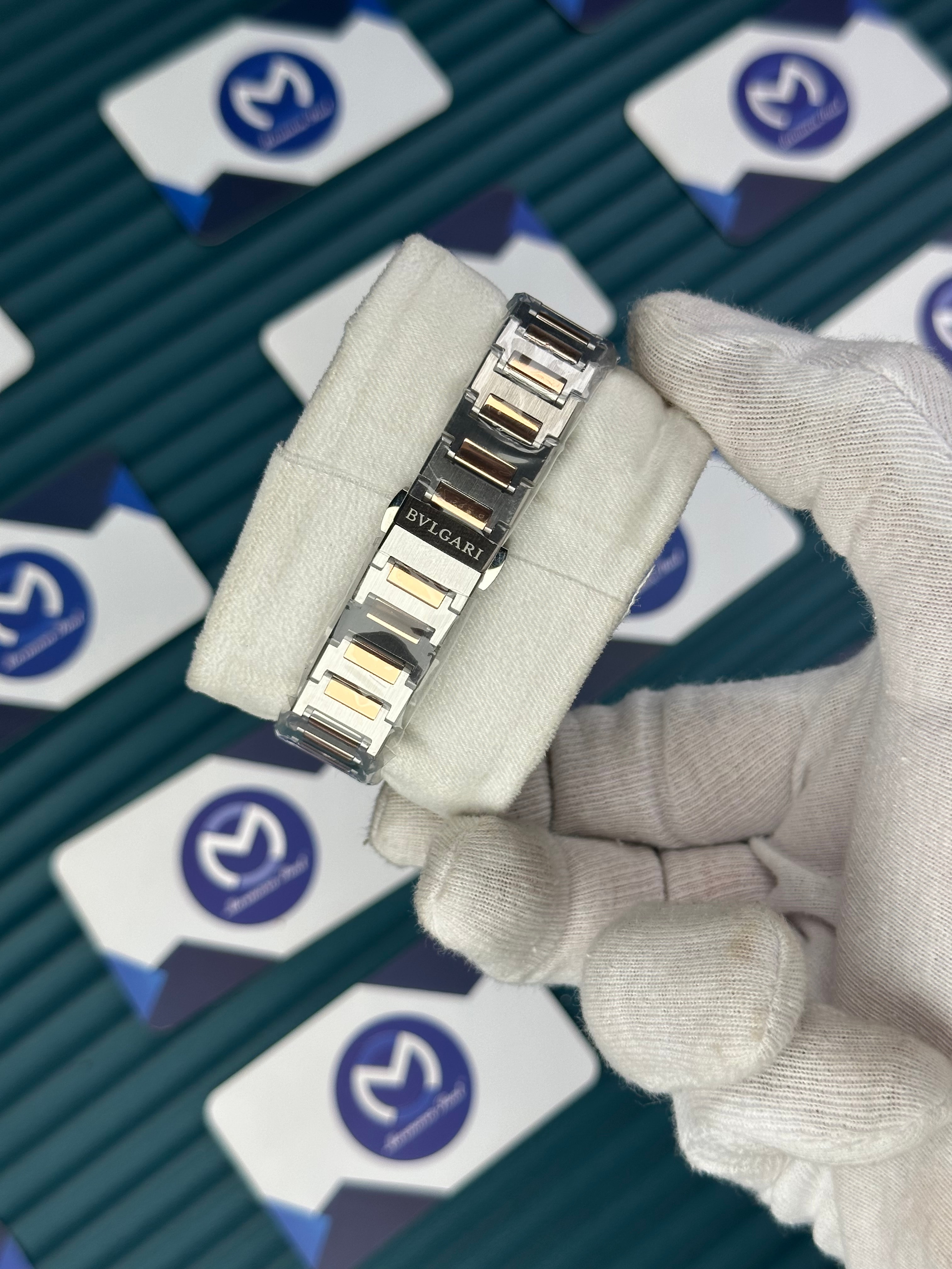 BVLGARI GREEN DIAL GOLD BEZEL DIAMOND INDEX GOLD-SILVER CORD