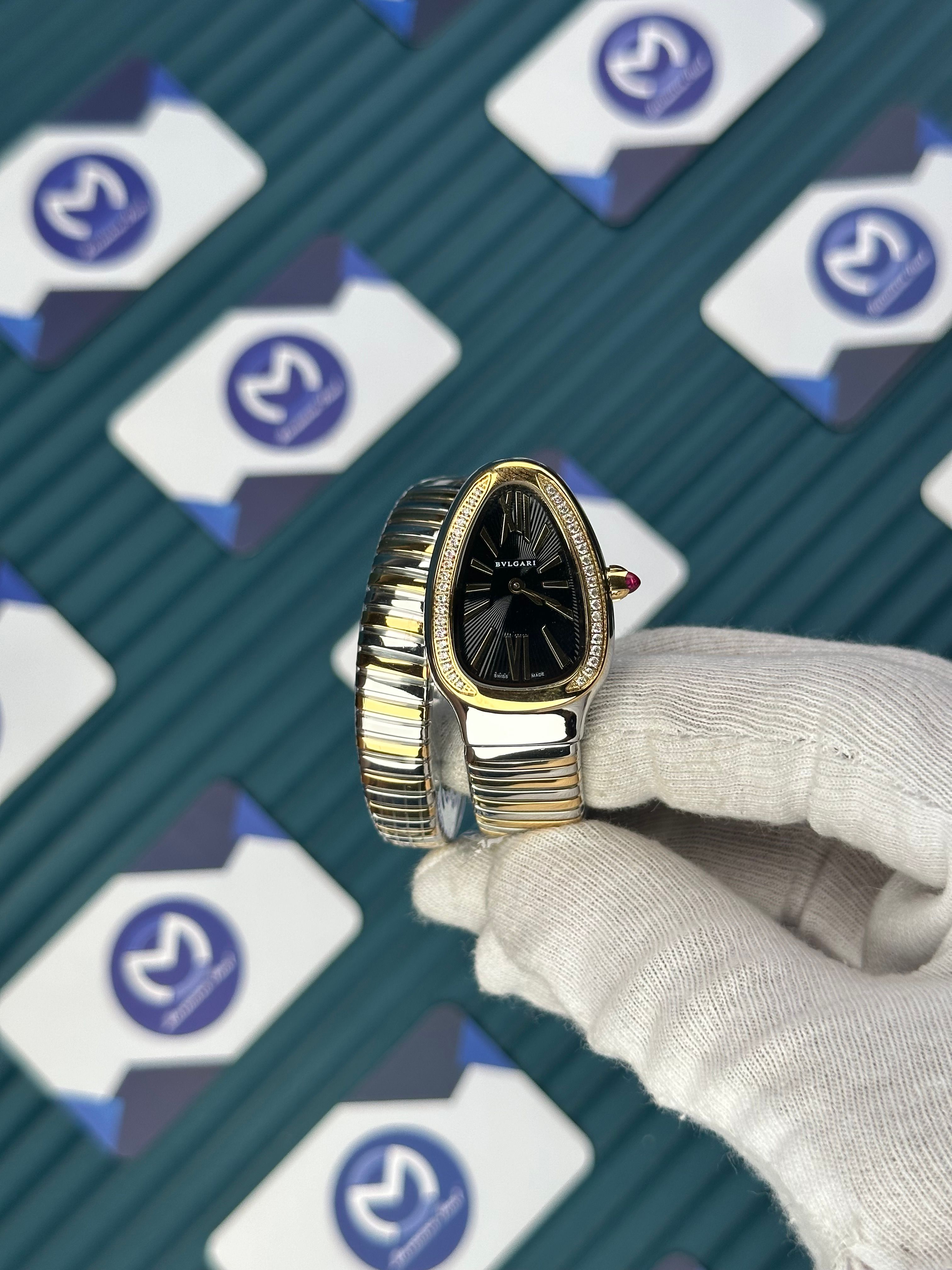 BVLGARI SERPENTI BLACK DIAL DIAMOND BEZEL GOLD-SILVER SHORT TUBOGAS