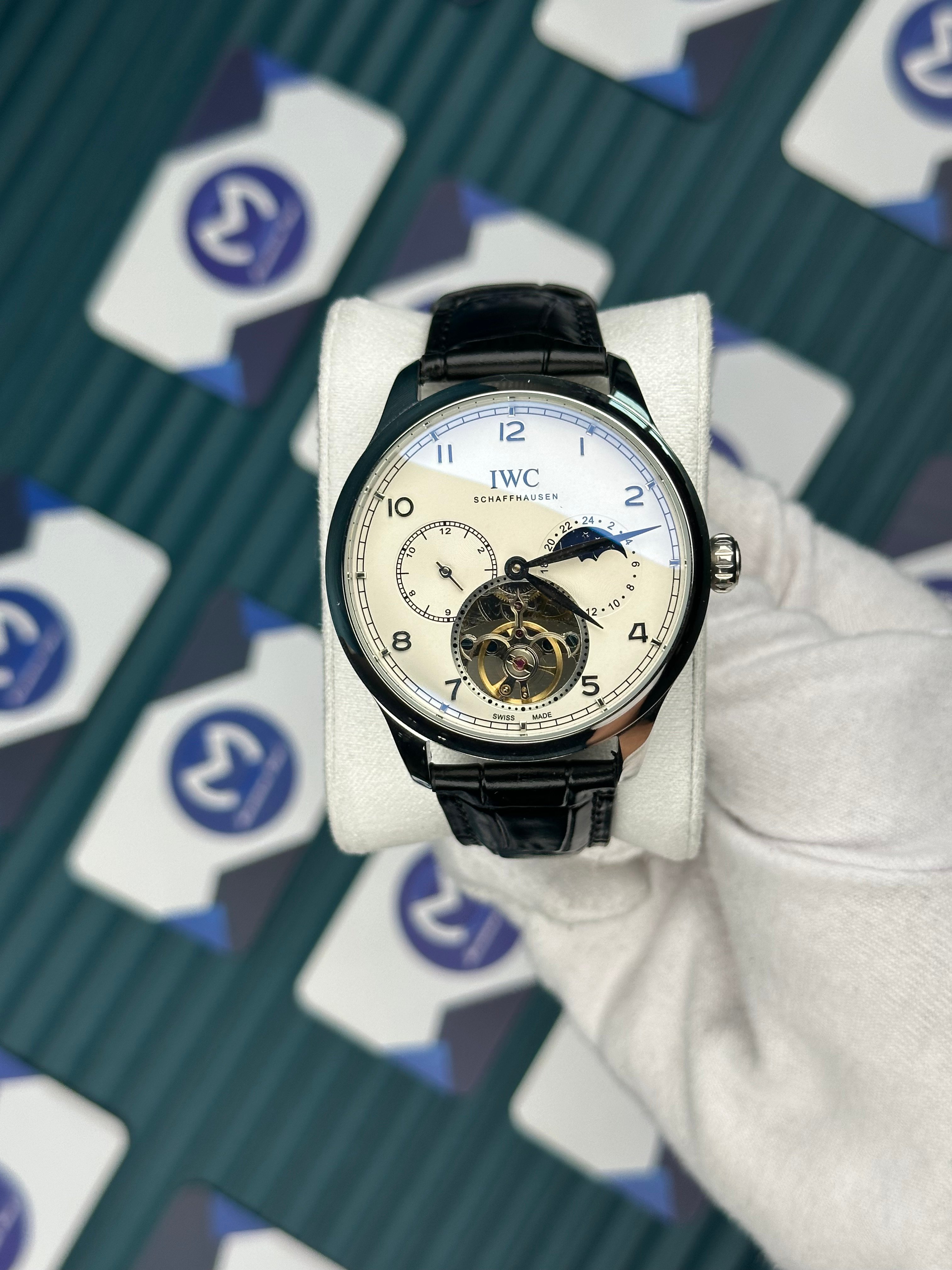 IWC PORTUGUESE TOURBILLON SILVER CASE WHITE DIAL BLACK CORD