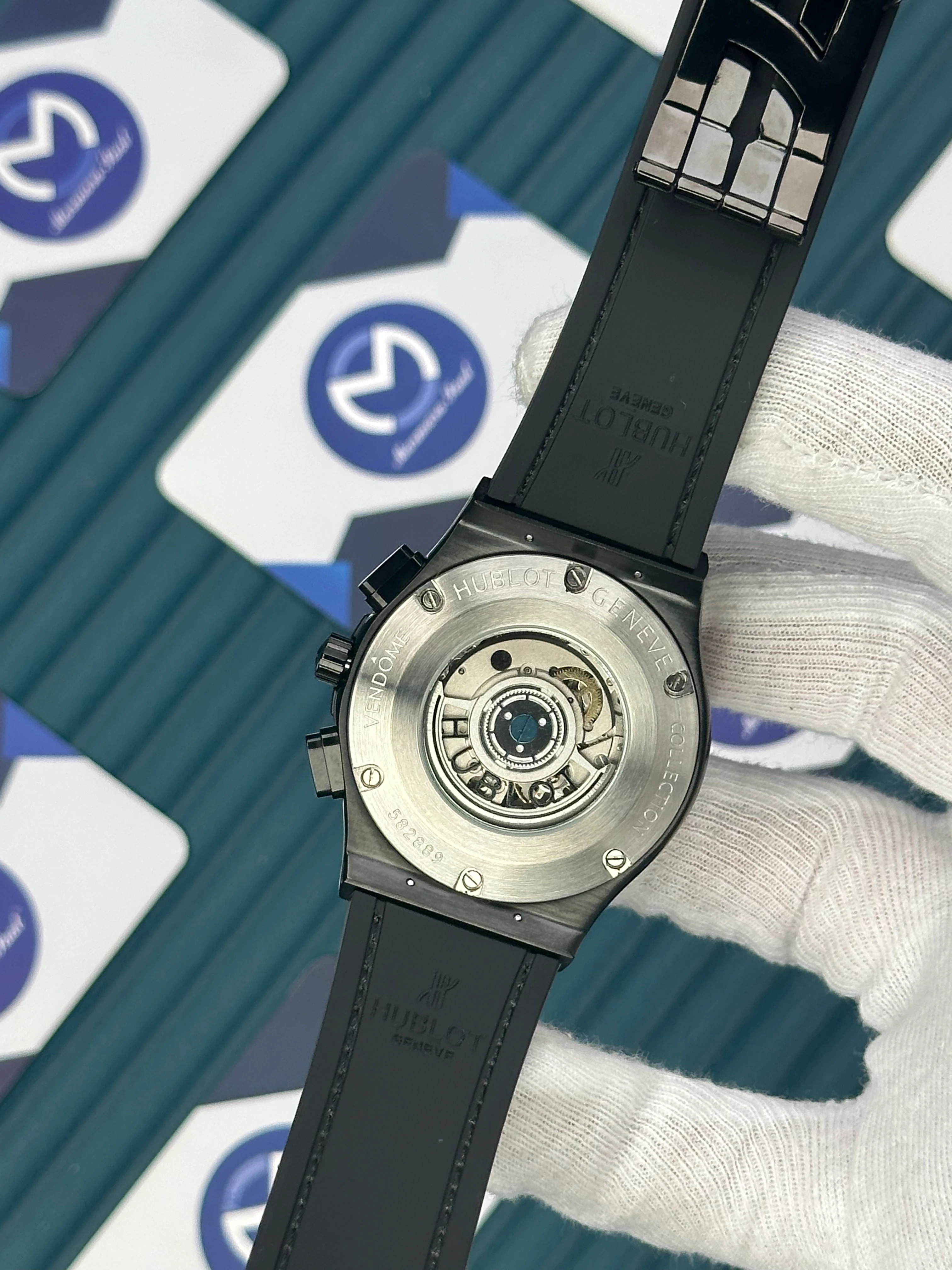 HUBLOT AUTOMATIC NAVY BLUE CHRONOGRAPH ROSE CASE BLACK CASE BLUE LEATHER CORD 