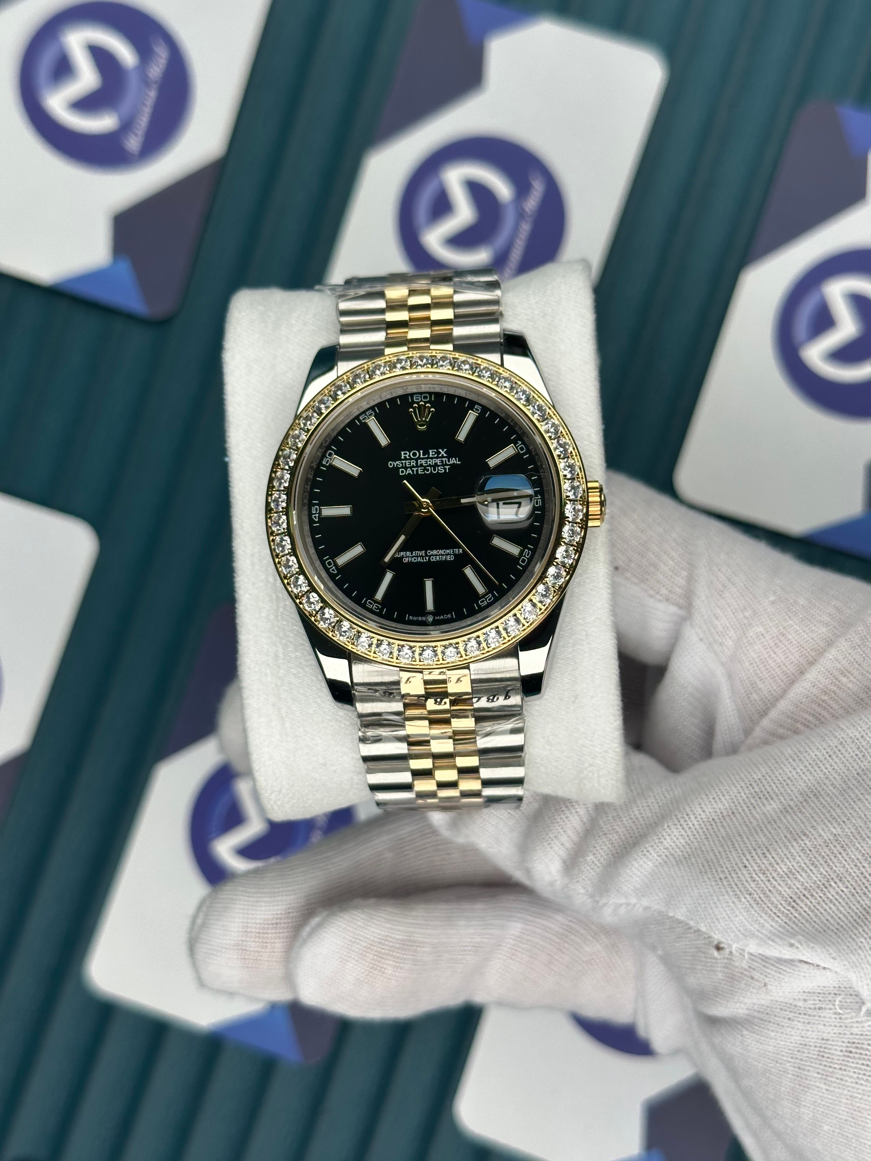 ROLEX DATEJUST BLACK DIAL DIAMOND BEZELGOLD-SILVER JUBILE