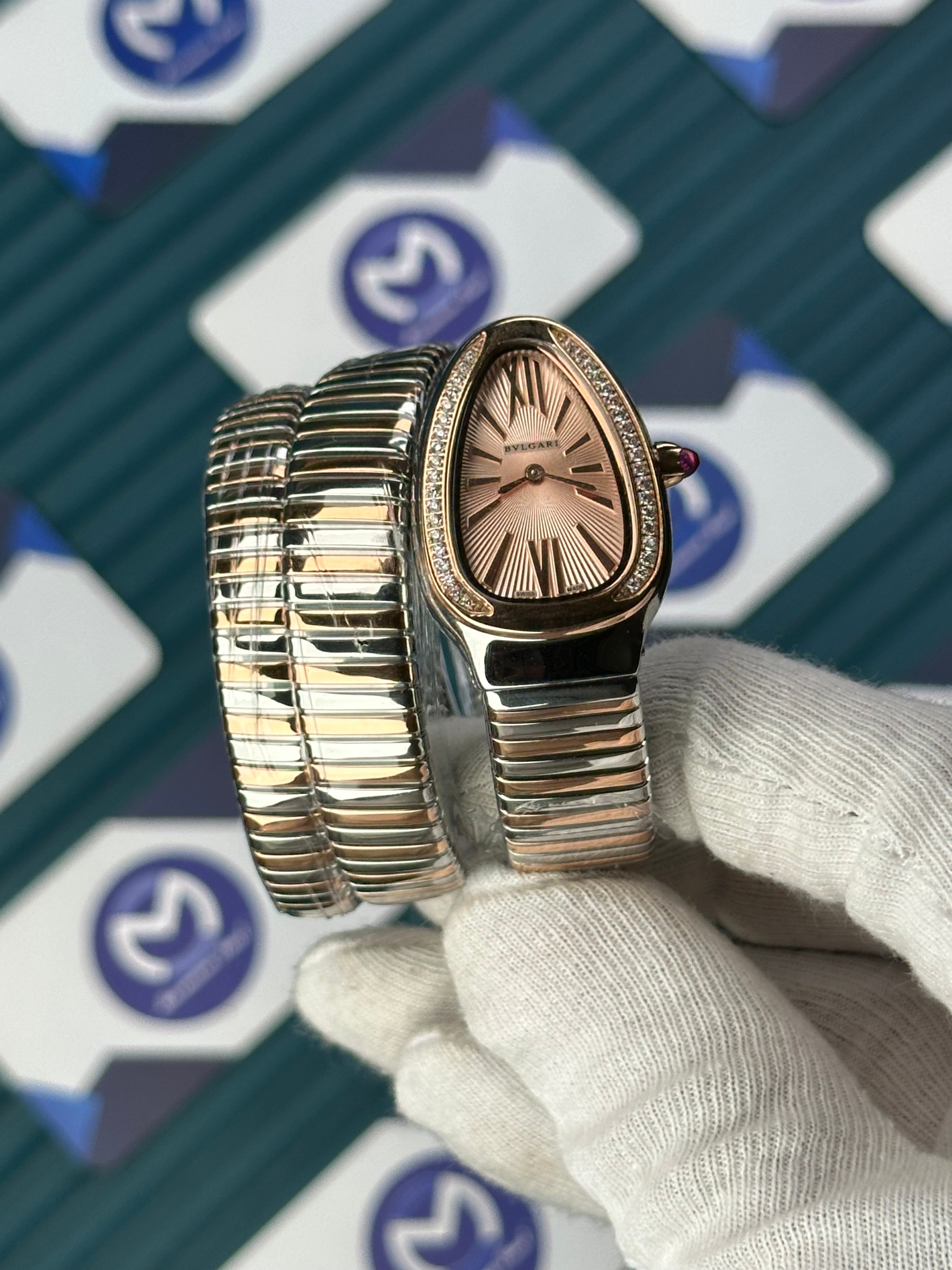 BVLGARI SERPENTI CHAMPAGNE DIAL DIAMOND BEZEL ROSE-SILVER LONG TUBOGAS