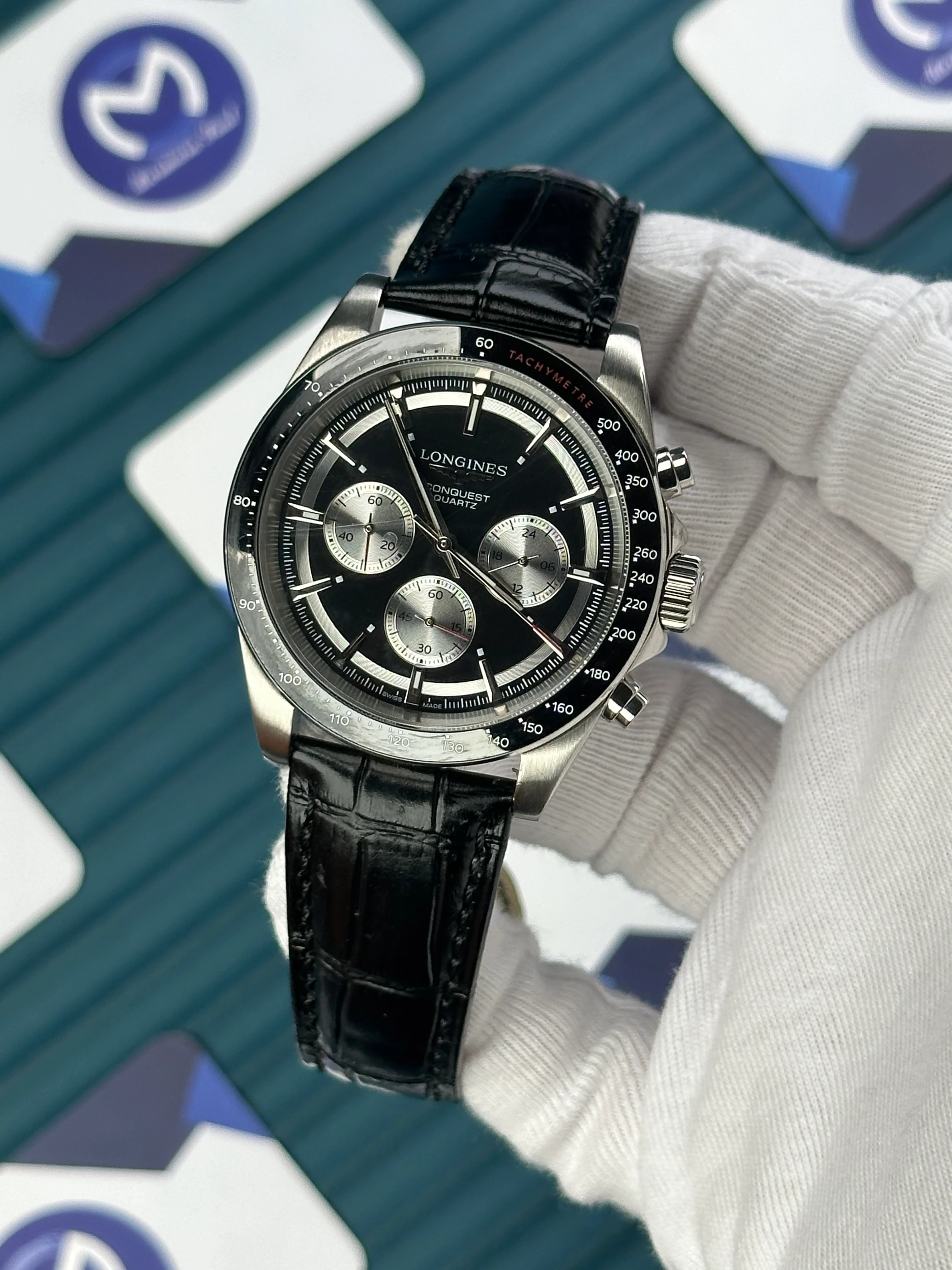 LONGINES CONQUEST AUTOMATIC LIMITED EDITION BLACK DIAL WHITE CHRONOGRAPH BLACK LEATHER 