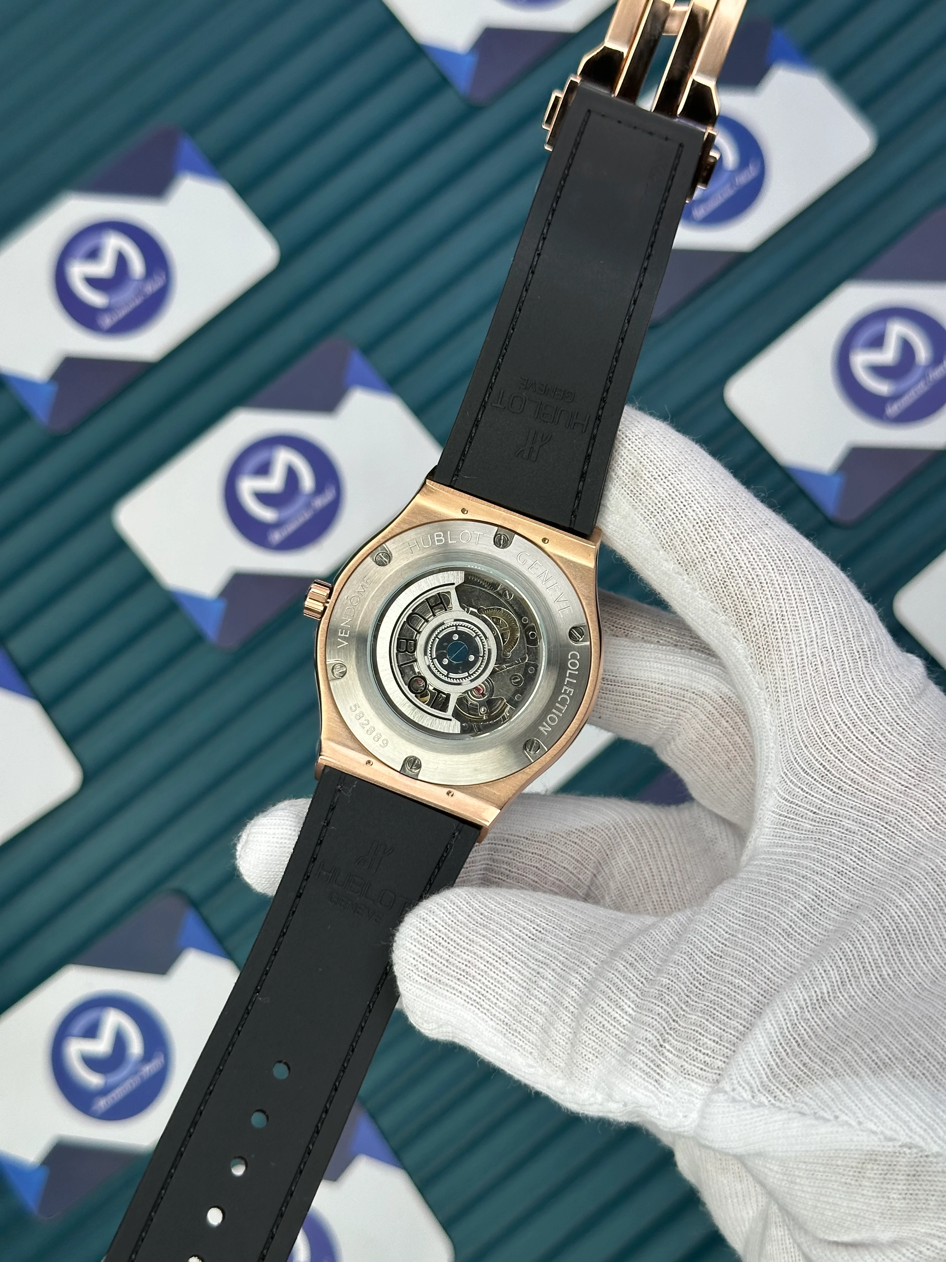 HUBLOT GENEVE AUTOMATIC VENDOME WHITE DIAL ROSE CASE BROWNT LEATHER CORD