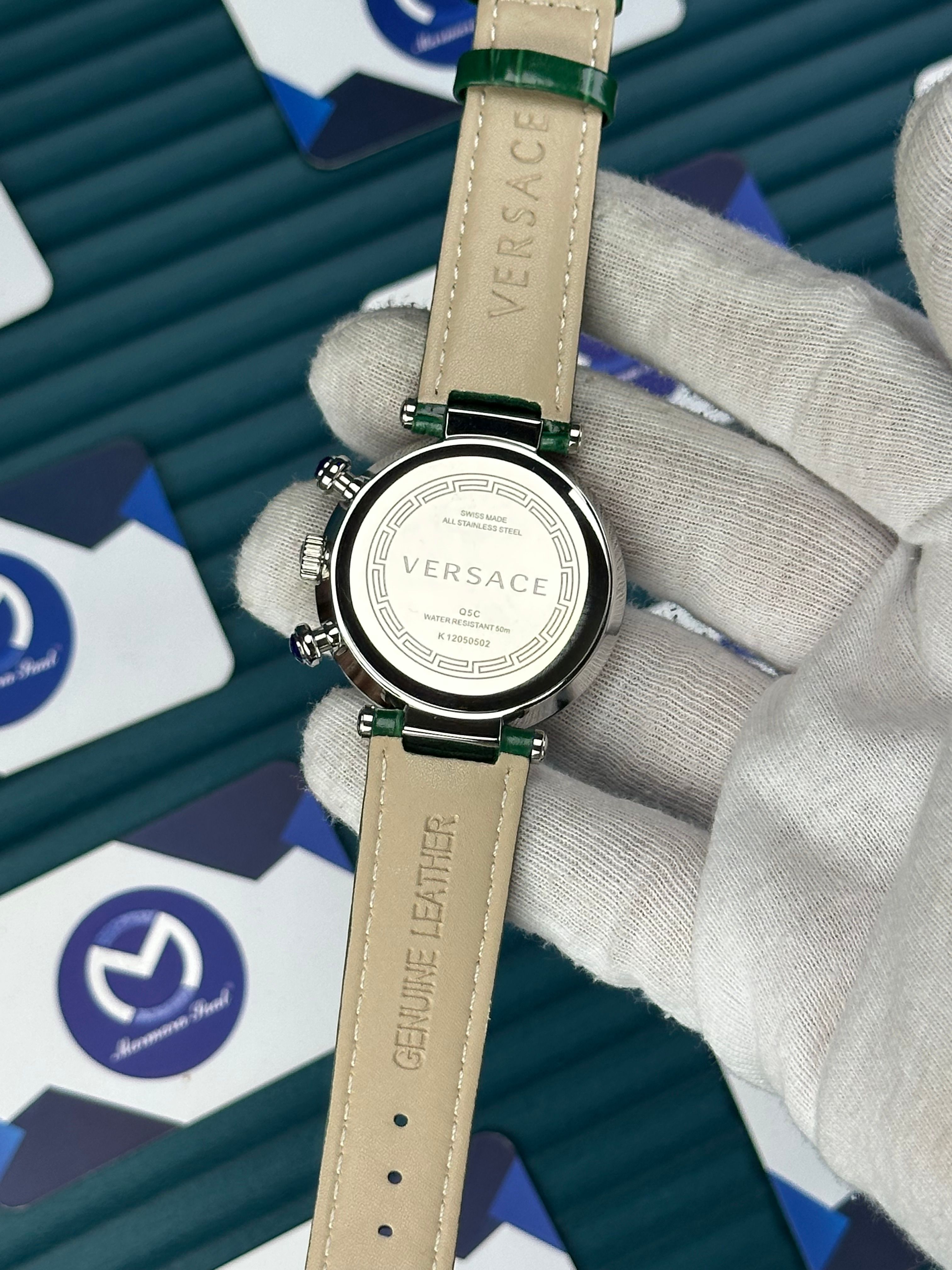 VERSACE 38 GREEN DIAL DIAMOND BEZEL SILVER CASE GREEN LEATHER CORD