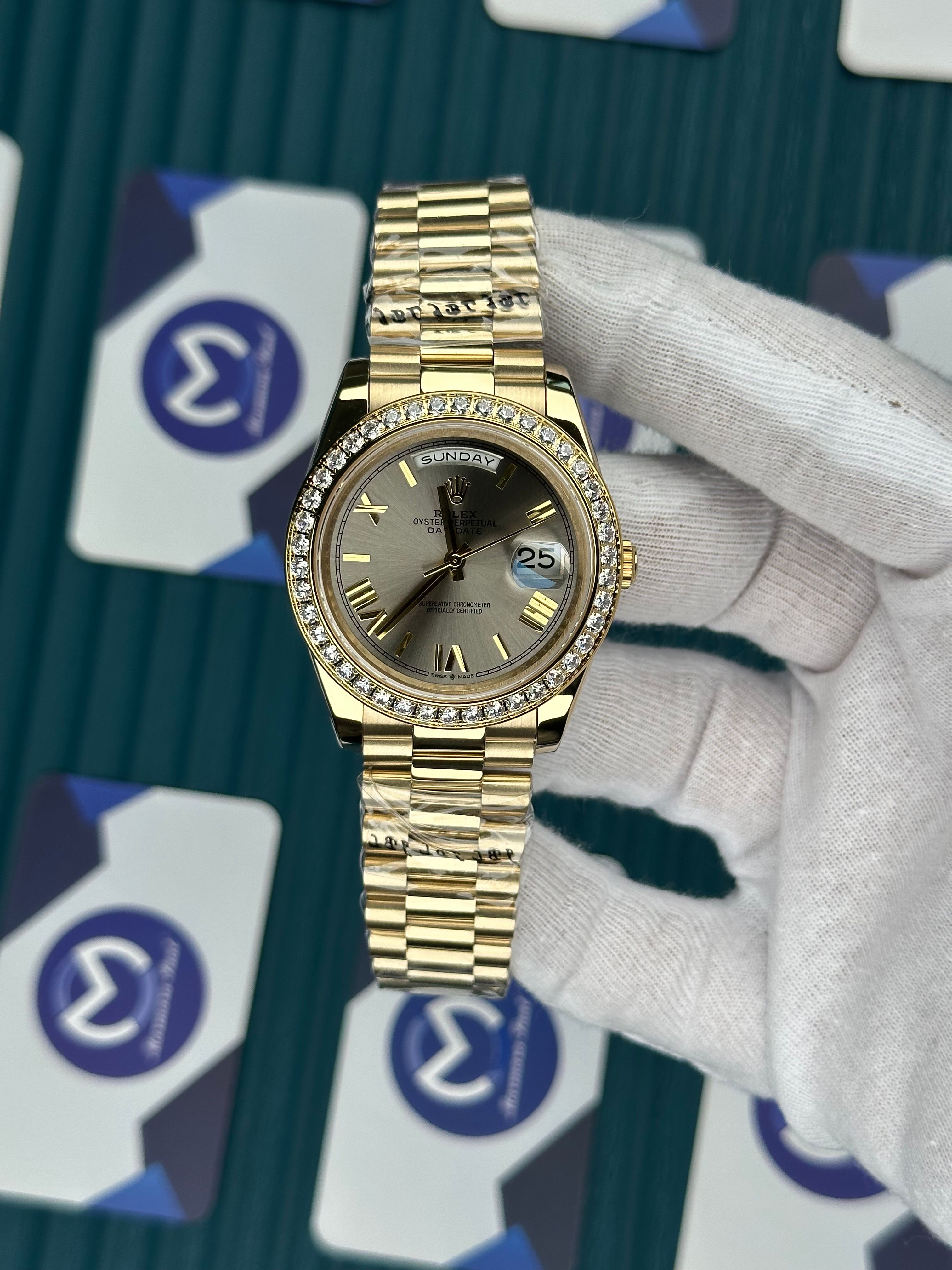 ROLEX DAY-DATE GREY DIAL ROMA INDEX DIAMOND BEZEL GOLD PRESIDENT