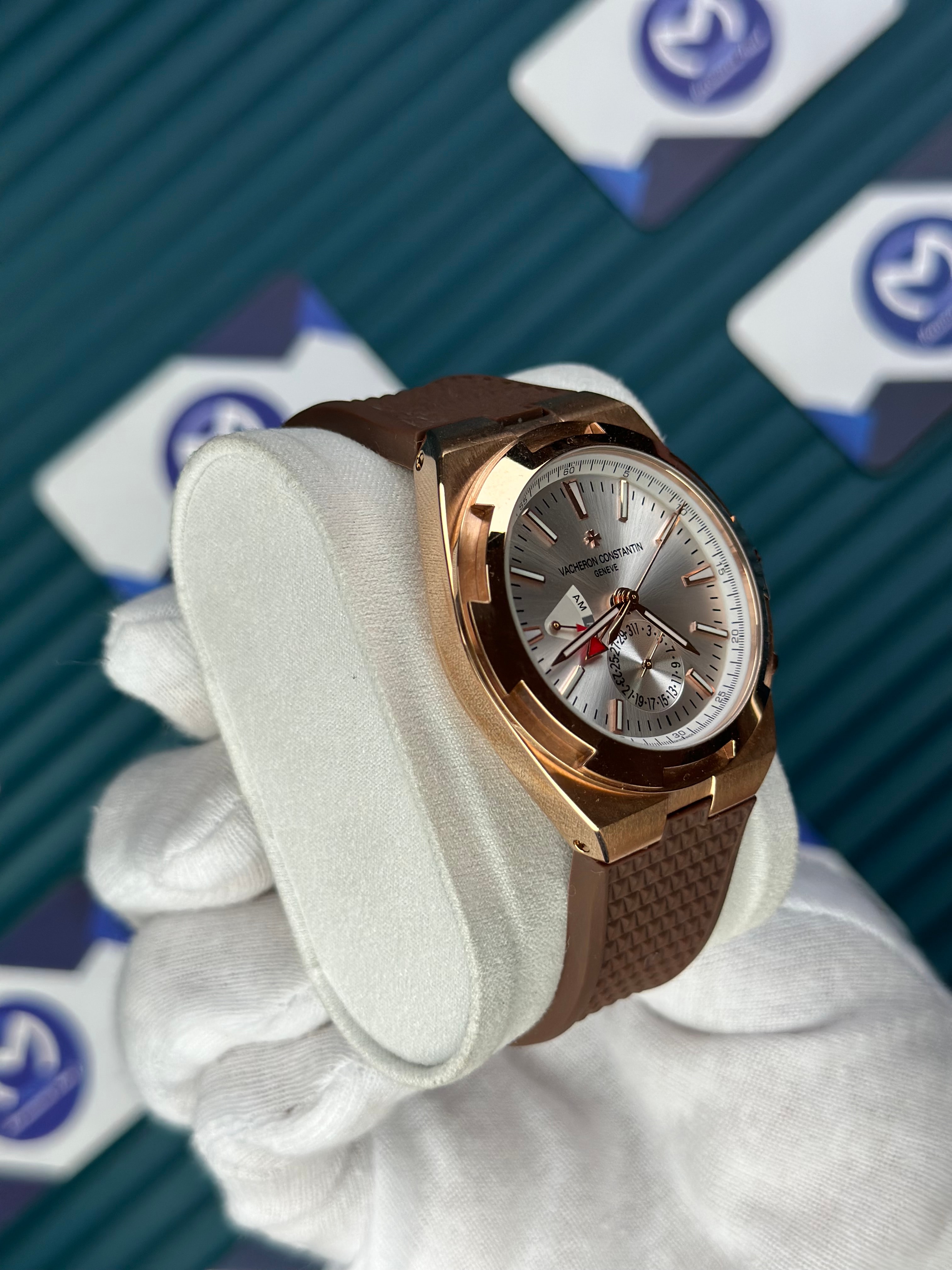 VACHERON CONSTANTIN WHITE DIAL ROSE CASE DUAL TIME OVERSEAS BROWN RUBBER