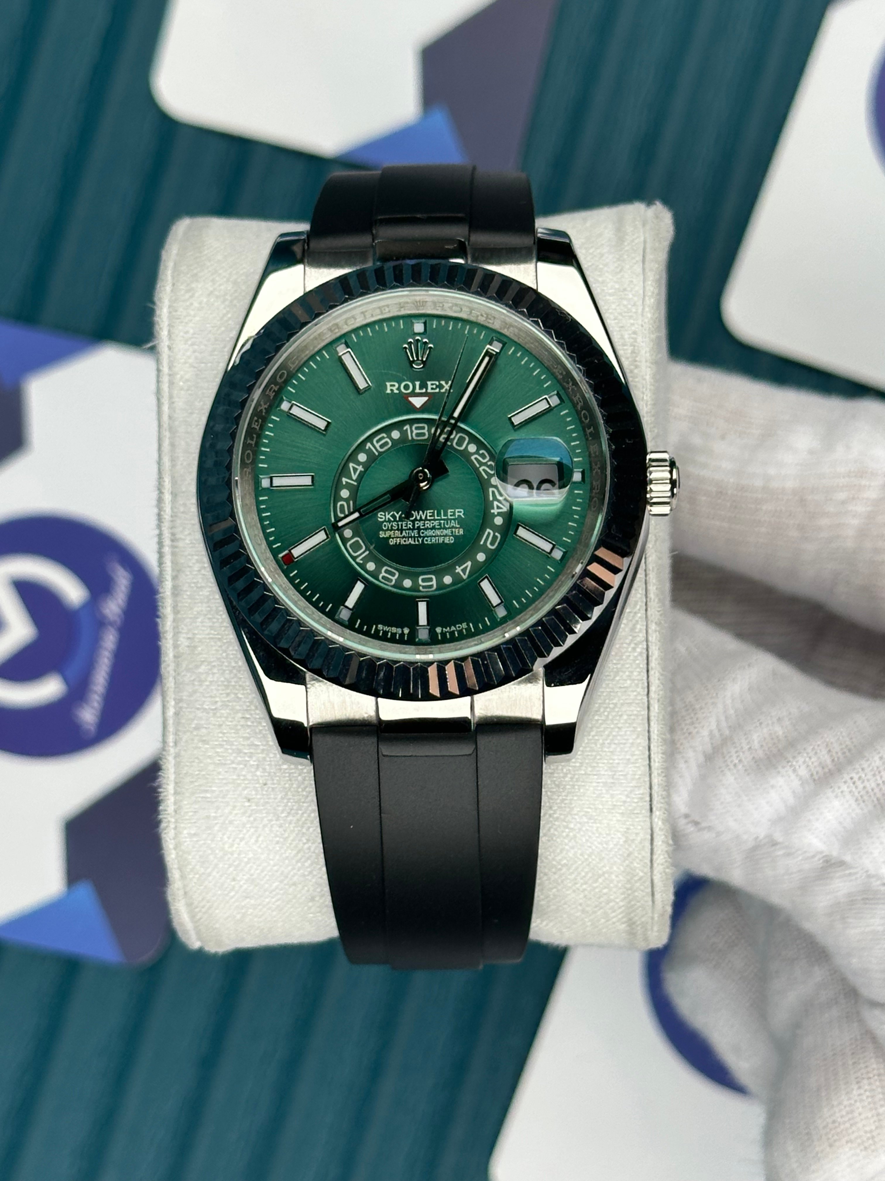 ROLEX SKY-DWELLER GREEN DIAL BLACK OYSTERFLEX