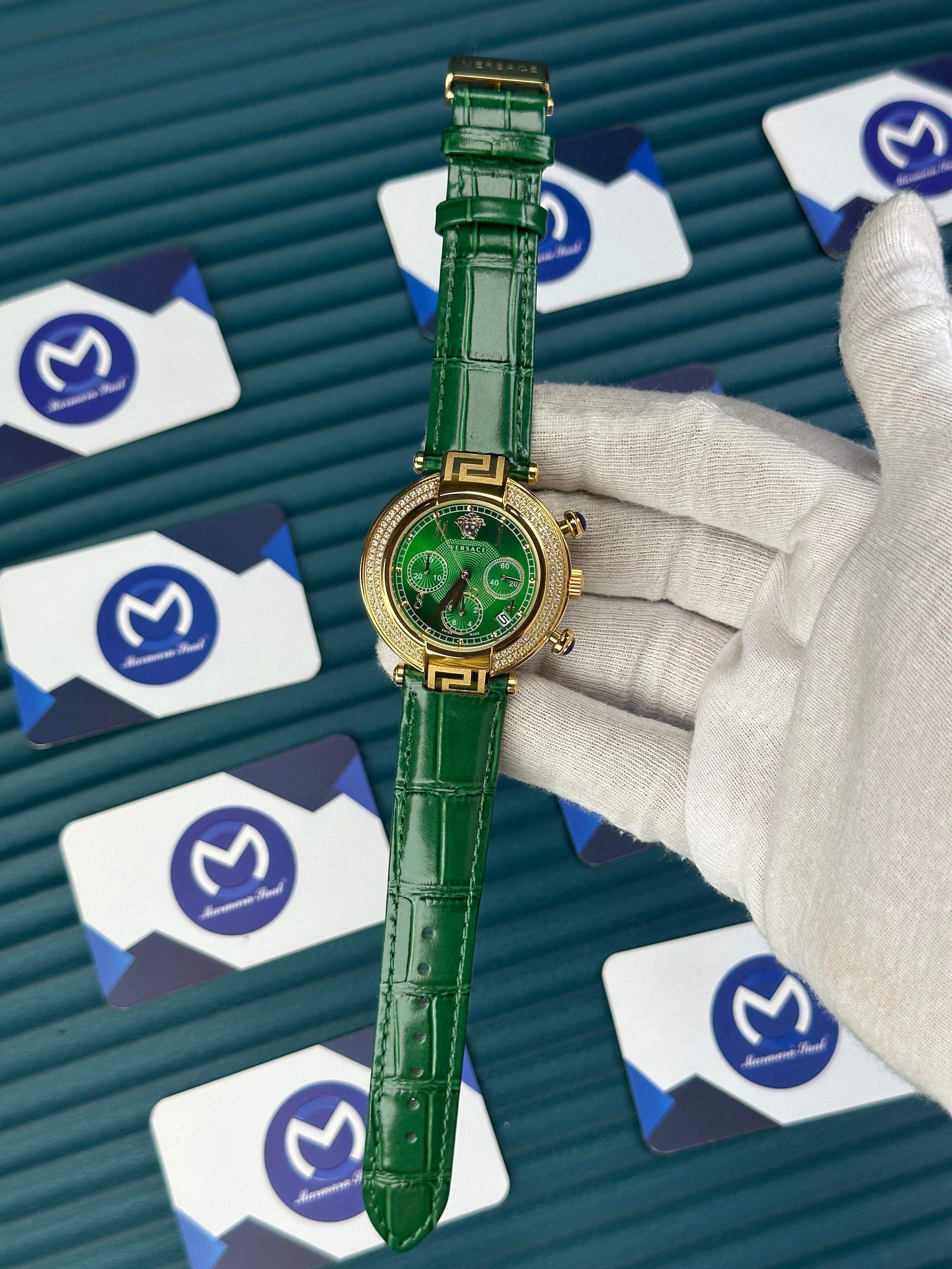 VERSACE 38 GREEN DIAL GOLD CASE DIAMOND BEZEL CHRONOGRAPH GREEN LEATHER CORD