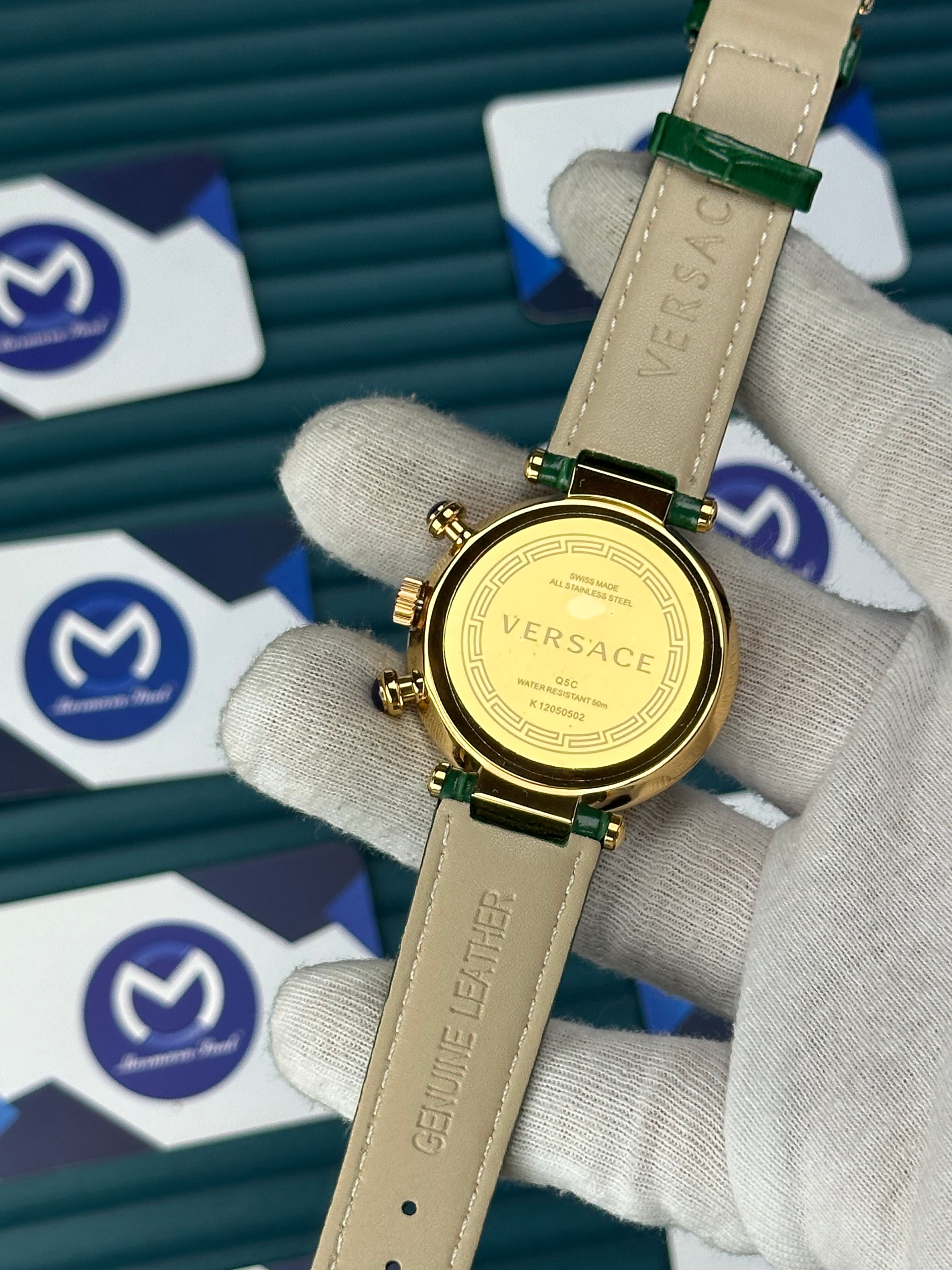 VERSACE 38 GREEN DIAL GOLD CASE DIAMOND BEZEL CHRONOGRAPH GREEN LEATHER CORD