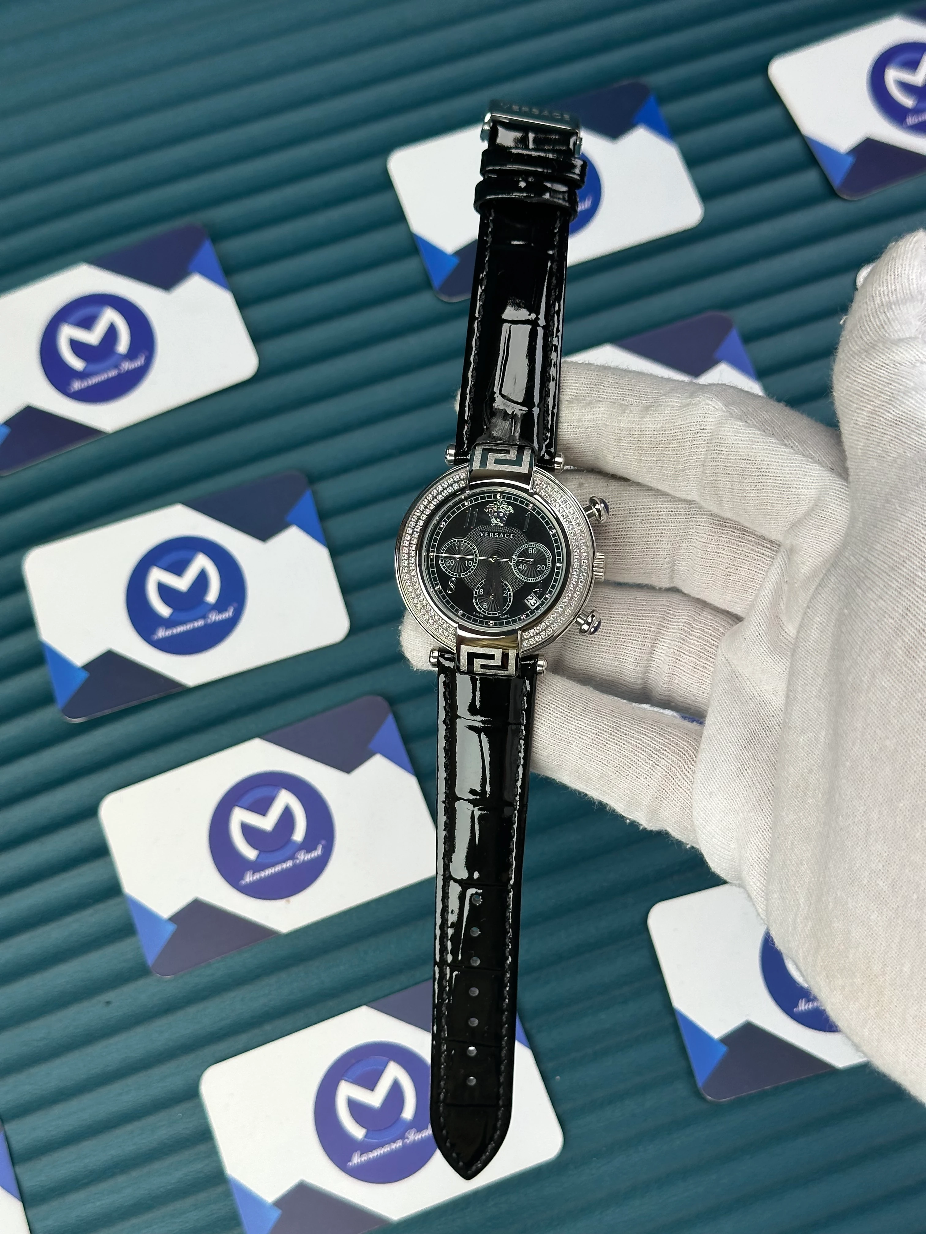 VERSACE 38 BLACK DIAL SILVER CASE DIAMOND BEZEL CHRONOGRAPH BLACK LEATHER CORD