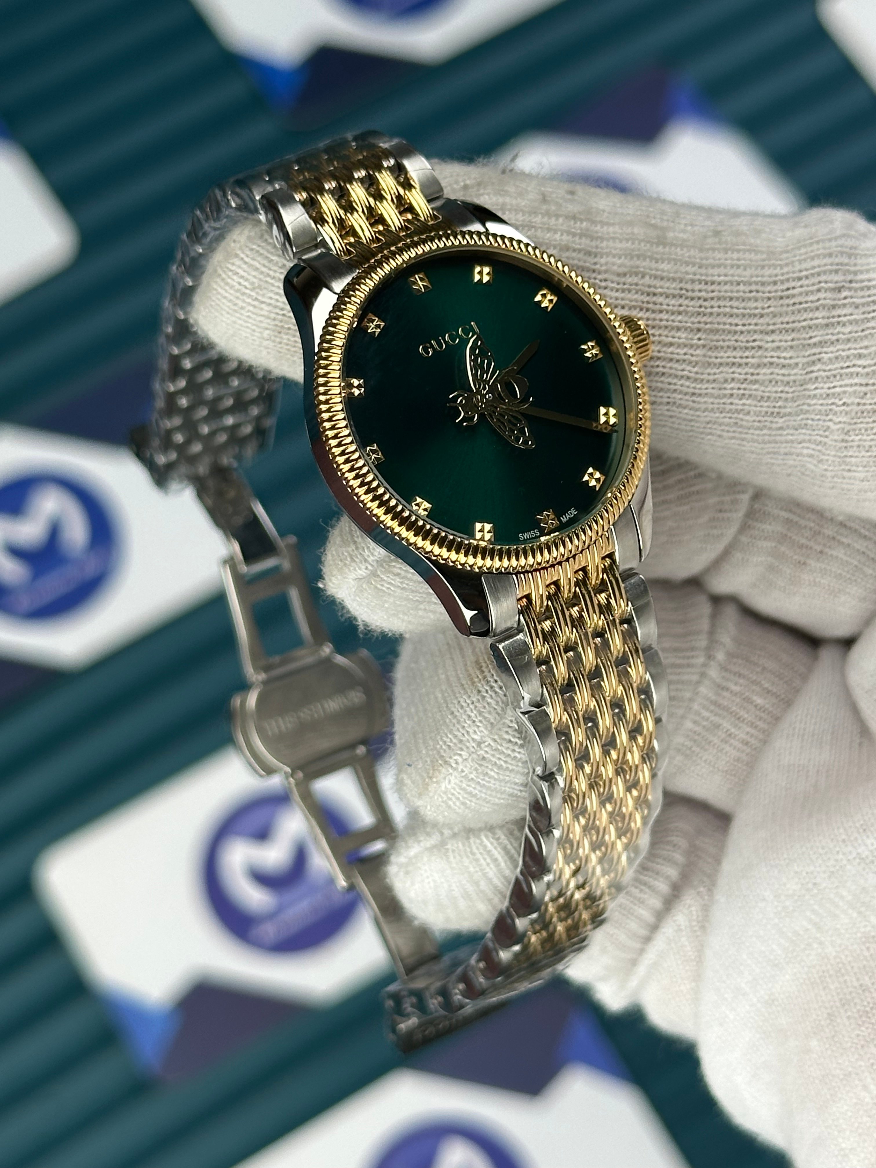 GUCCI GREEN DIAL SPINNING BUTTERFLY GOLD-SILVER