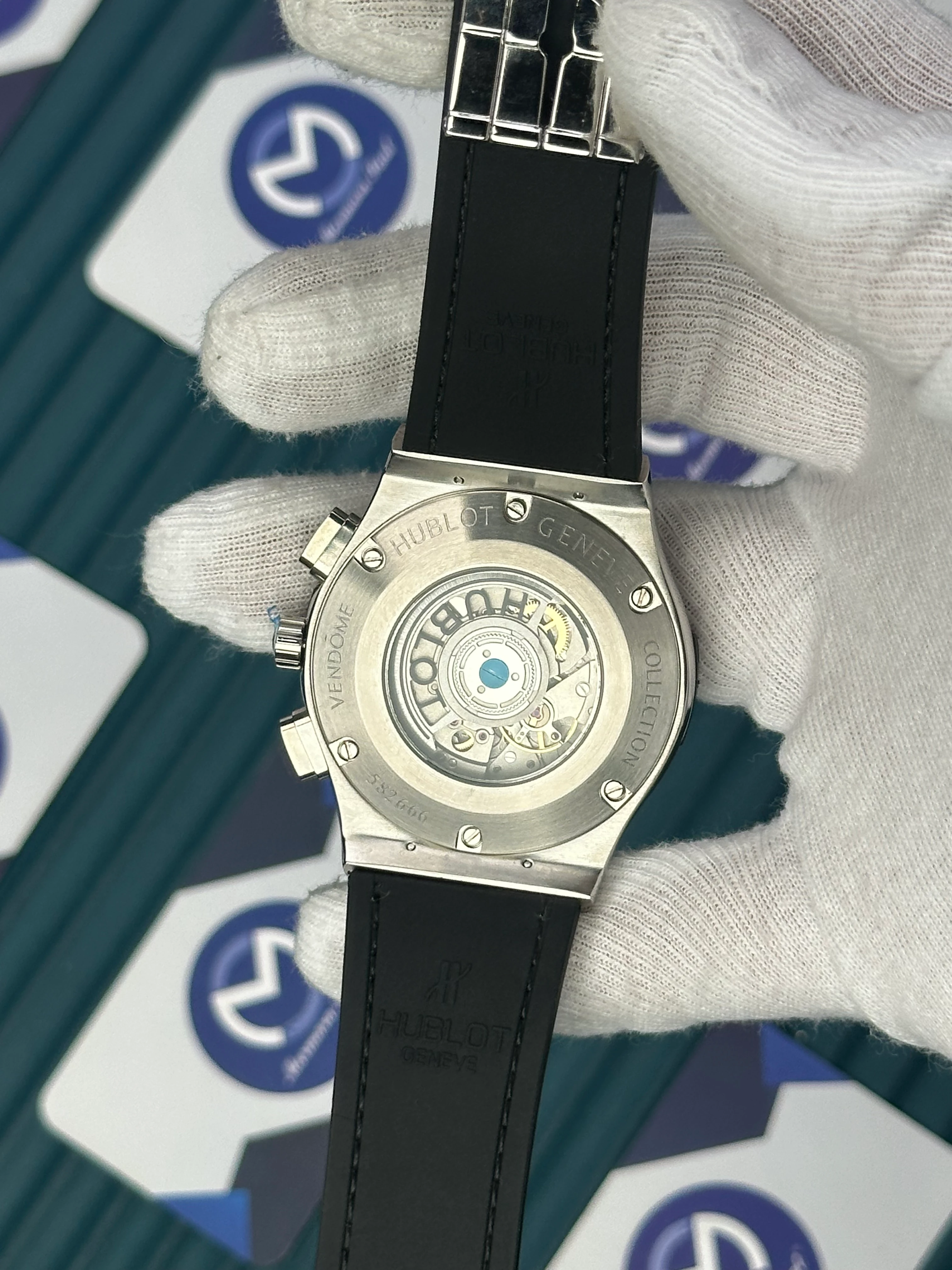 HUBLOT AUTOMATIC WHITE CHRONOGRAPH DIAL DIAMOND BEZEL WHITE LEATHER CORD 