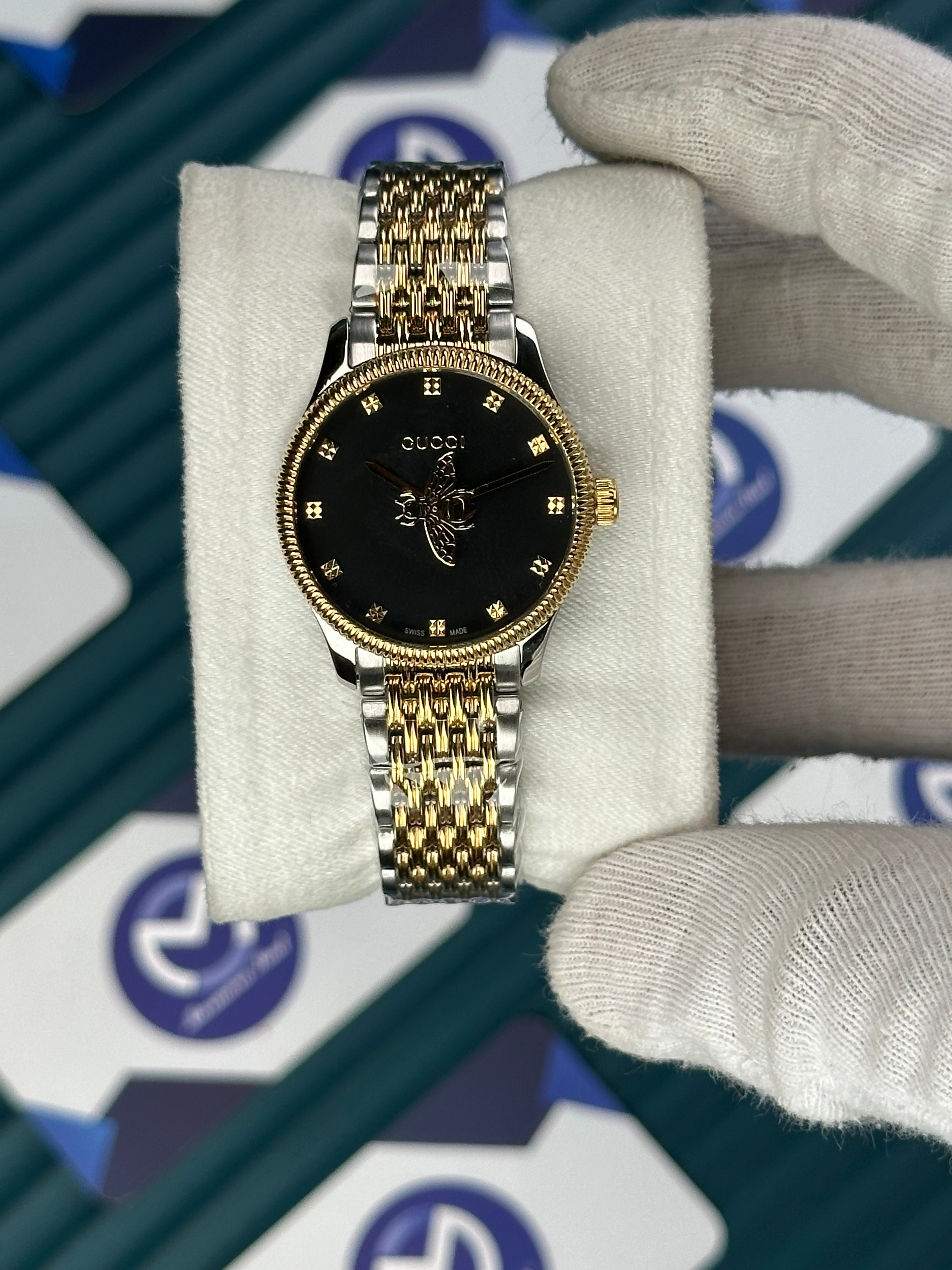 GUCCI BLACK DIAL SPINNING BUTTERFLY GOLD-SILVER
