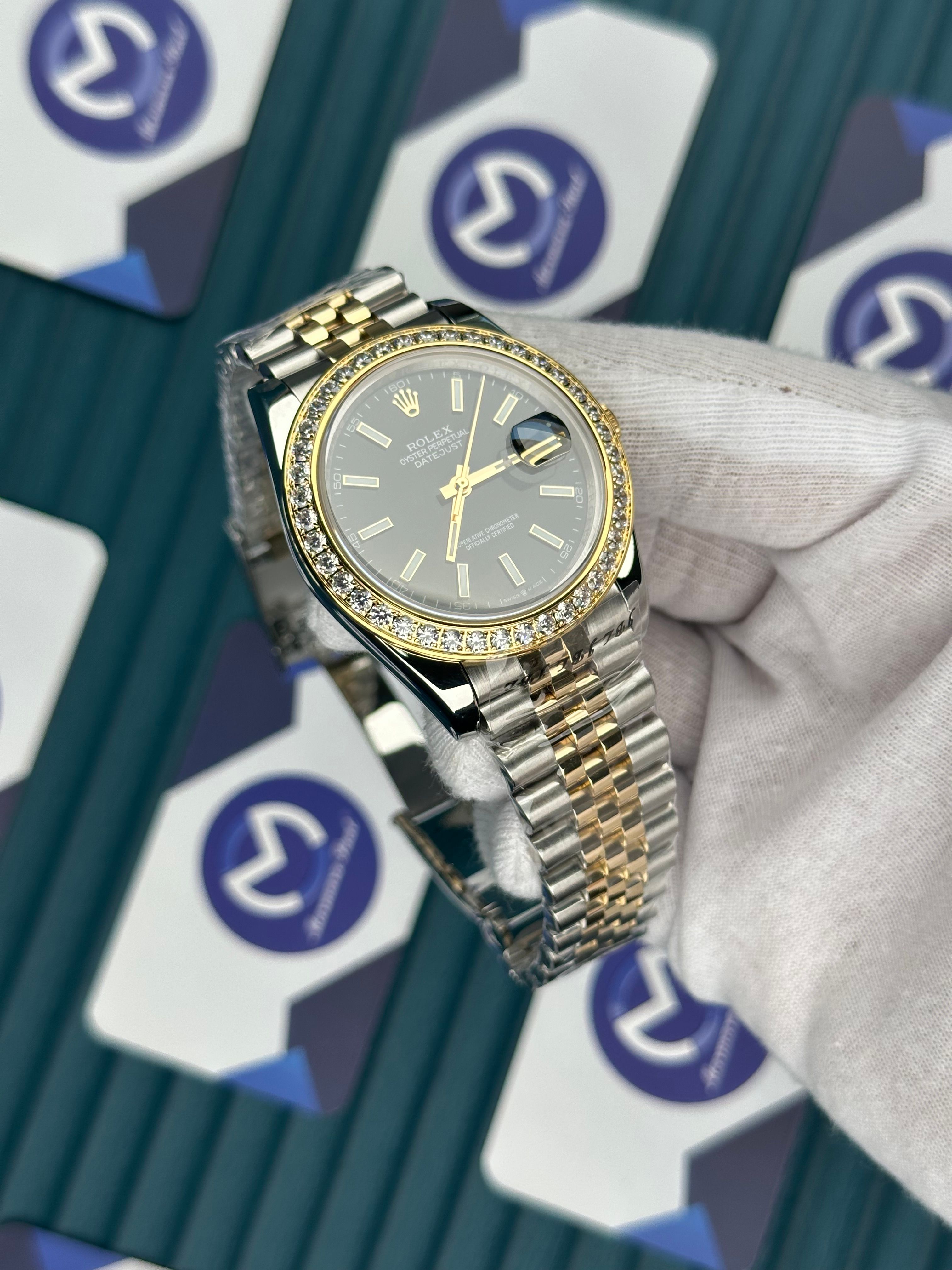 ROLEX DATEJUST BLACK DIAL DIAMOND BEZELGOLD-SILVER JUBILE