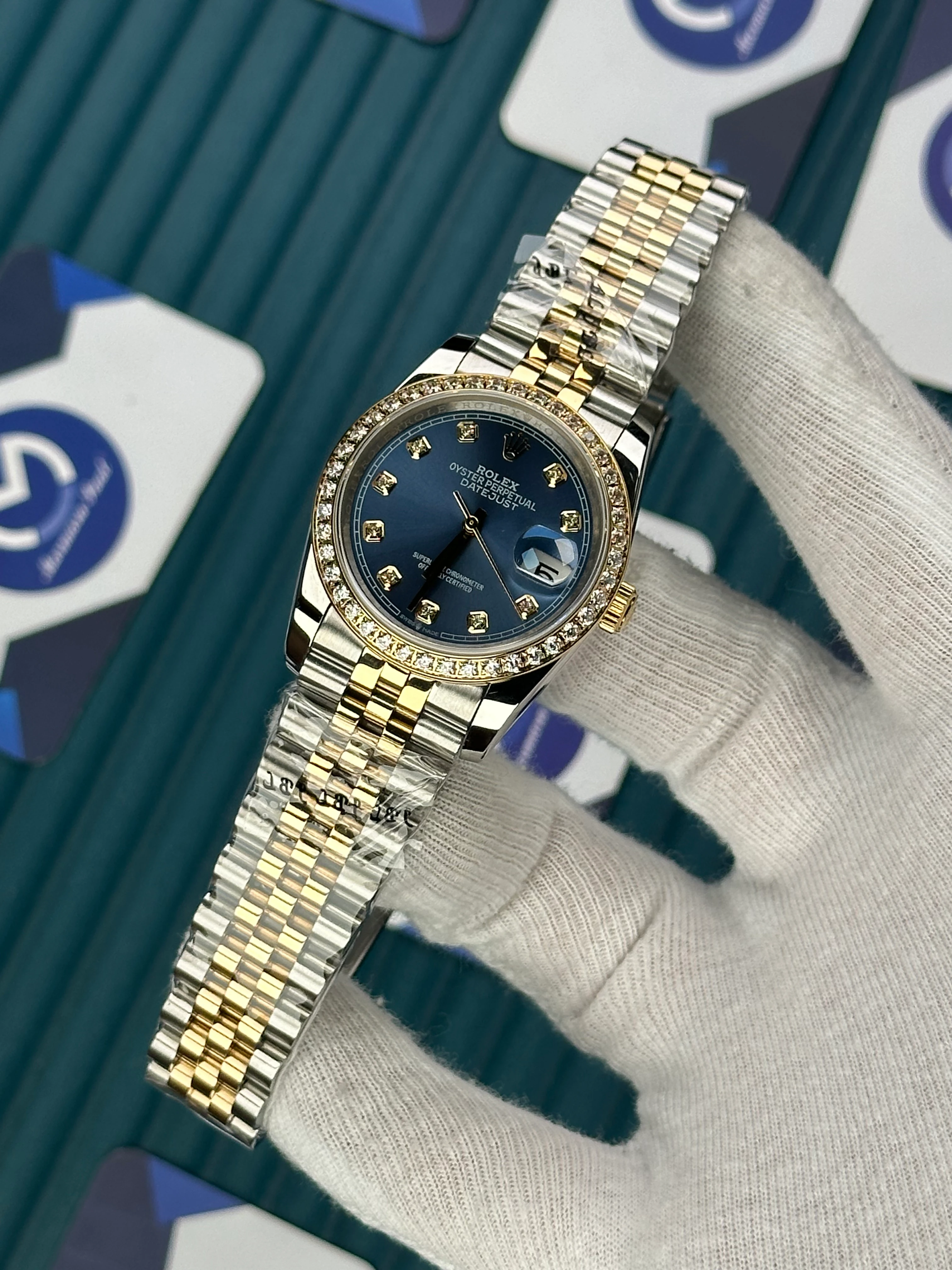 ROLEX 36 MM DATEJUST BLUE DIAL DIAMOND INDEX AND BEZEL GOLD-SILVER JUBILE 