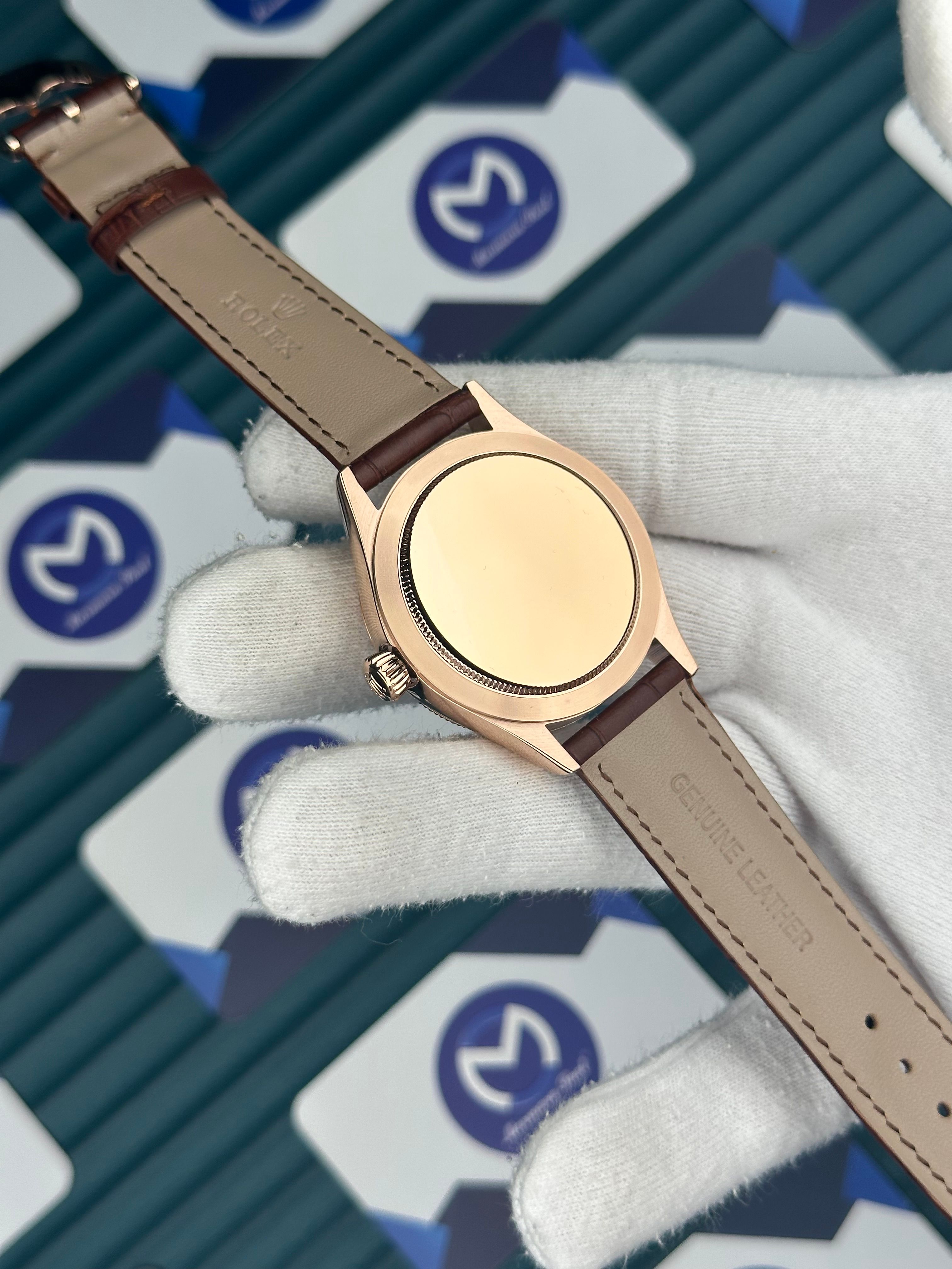 Rolex Cellini Rose Kasa Fonksiyonlu Beyaz Kadran Kahverengi Deri Kordon