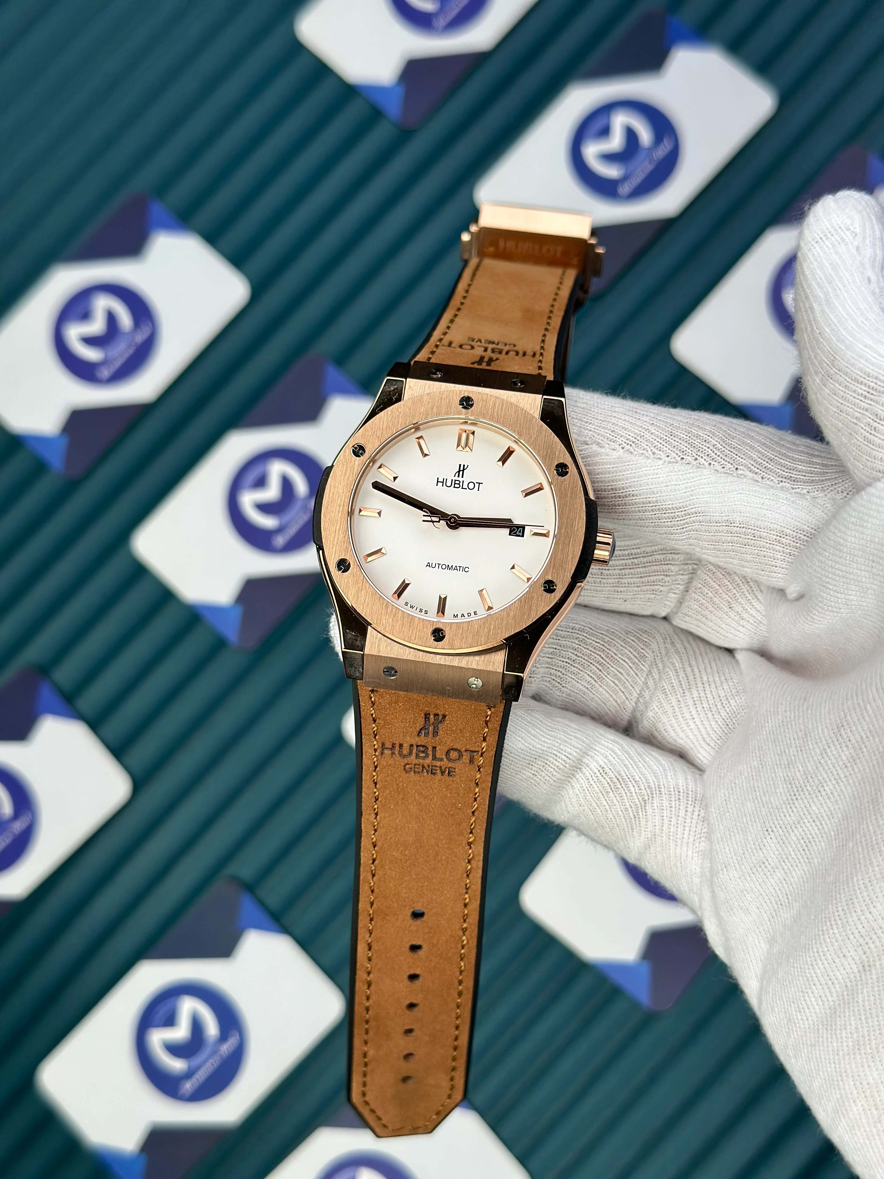 HUBLOT GENEVE AUTOMATIC VENDOME WHITE DIAL ROSE CASE BROWNT LEATHER CORD