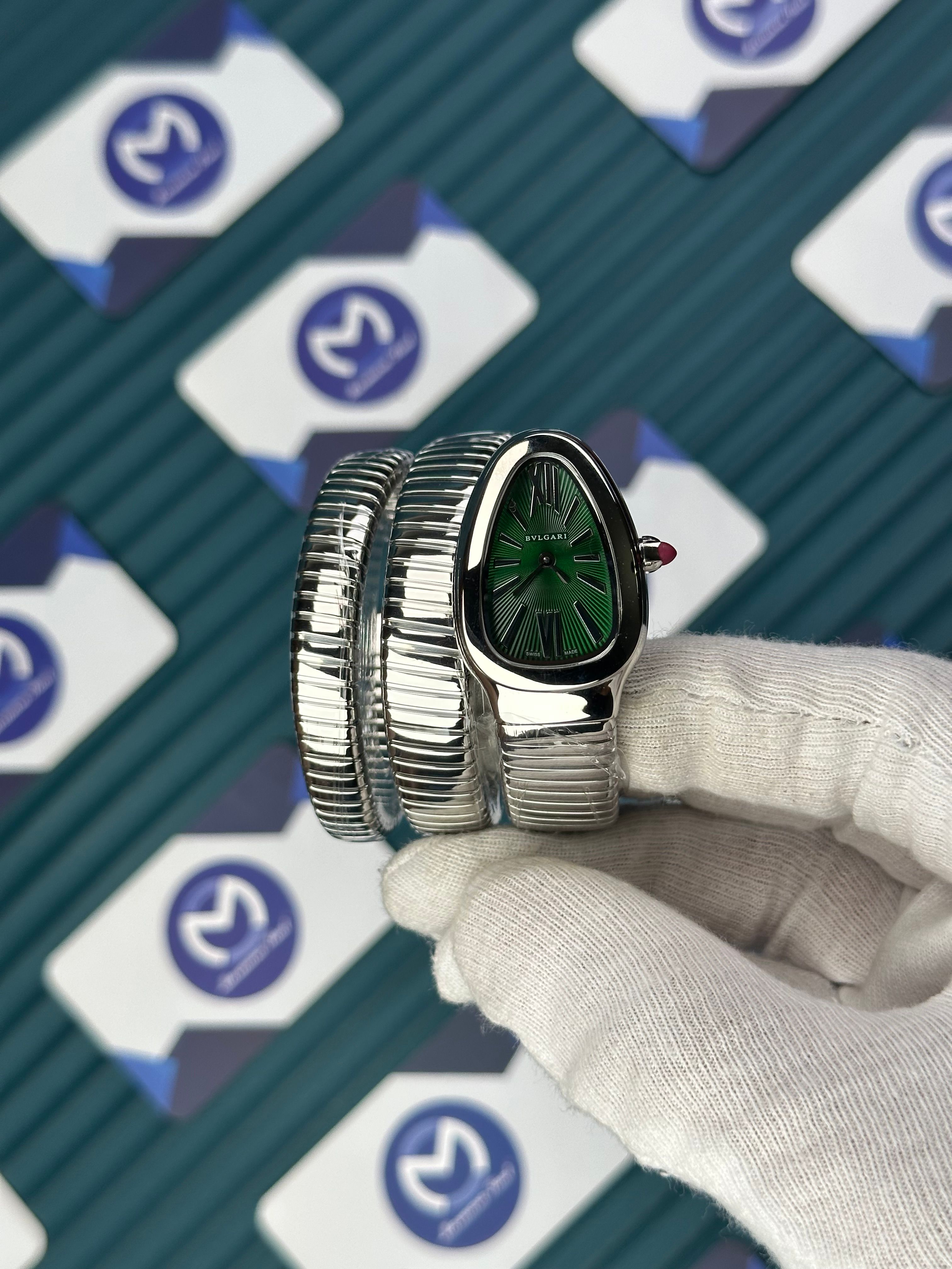BVLGARI SERPENTI GREEN DIAL SILVER LONG TUBOGAS