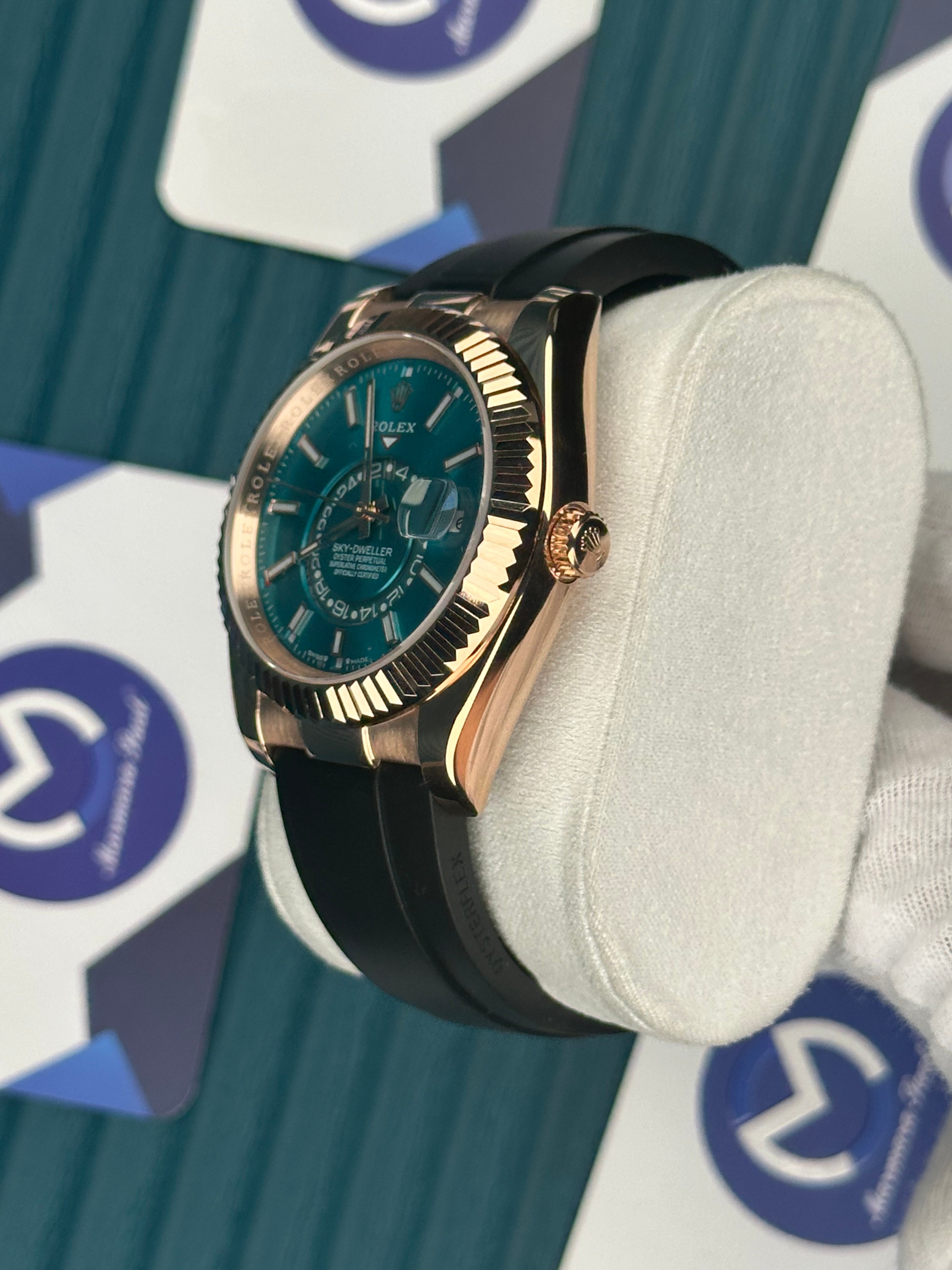 ROLEX SKY-DWELLER BLUE DIAL ROSE CASE BLACK OYSTERFLEX